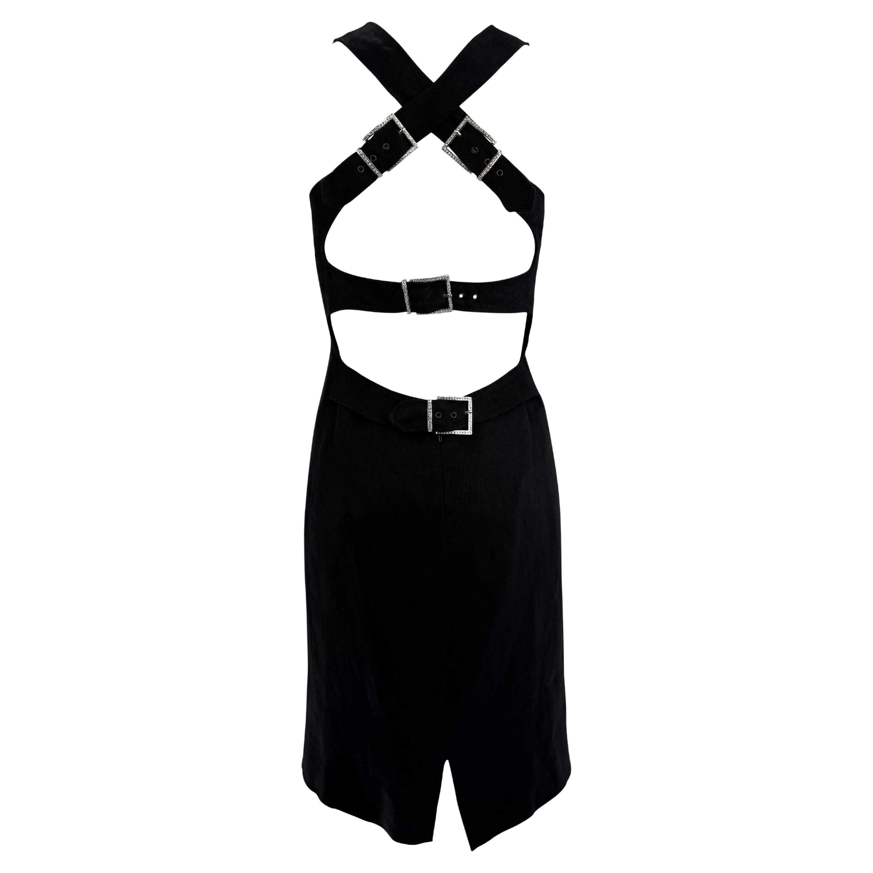 2000s Valentino Garavani Black Linen Backless Rhinestone Buckle Midi Dress For Sale