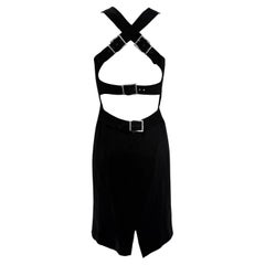 2000s Valentino Garavani Black Linen Backless Rhinestone Buckle Midi Dress