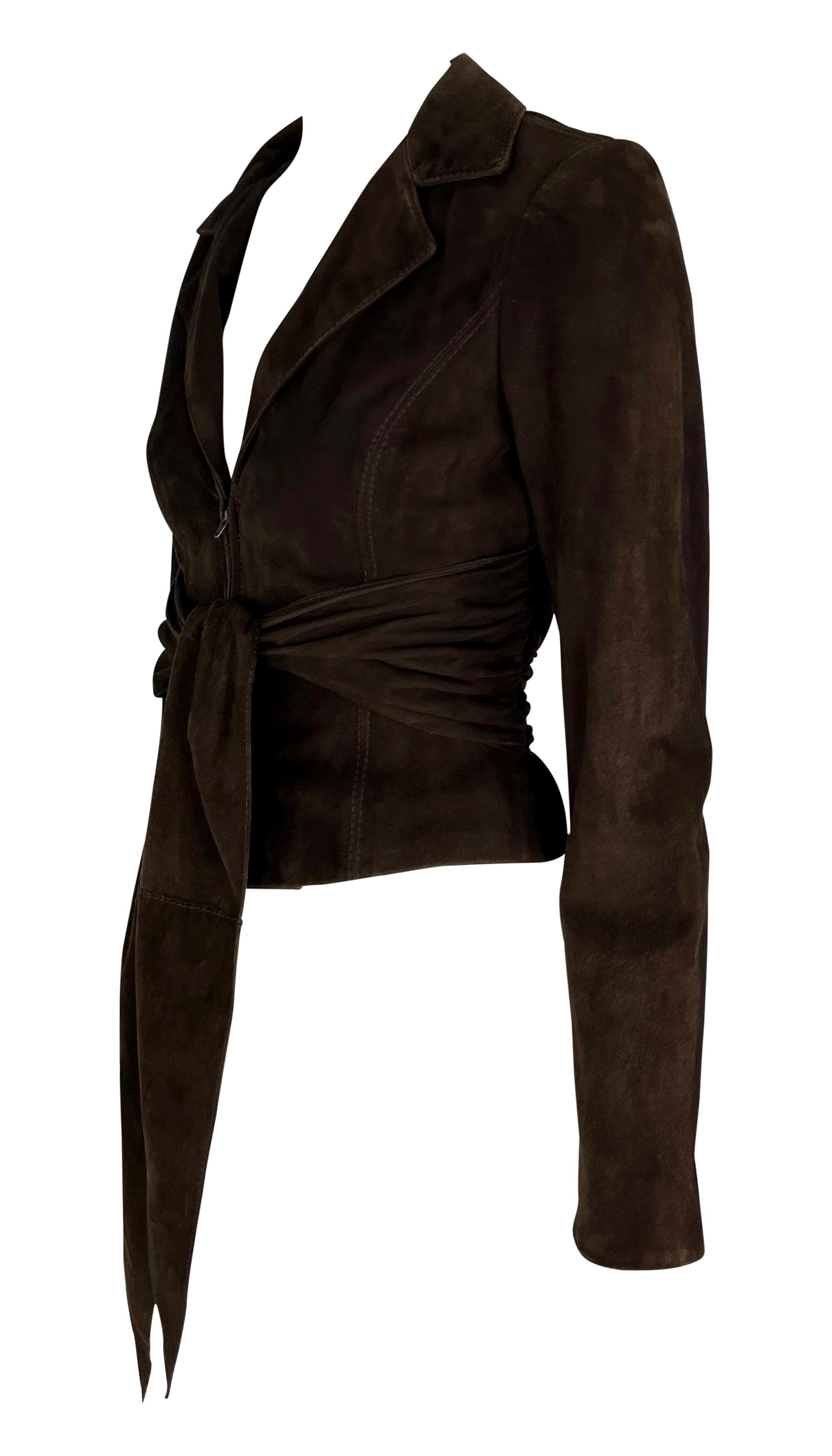 2000s Valentino Garavani Dark Brown Suede Tie-Front Leather Jacket In Excellent Condition For Sale In West Hollywood, CA