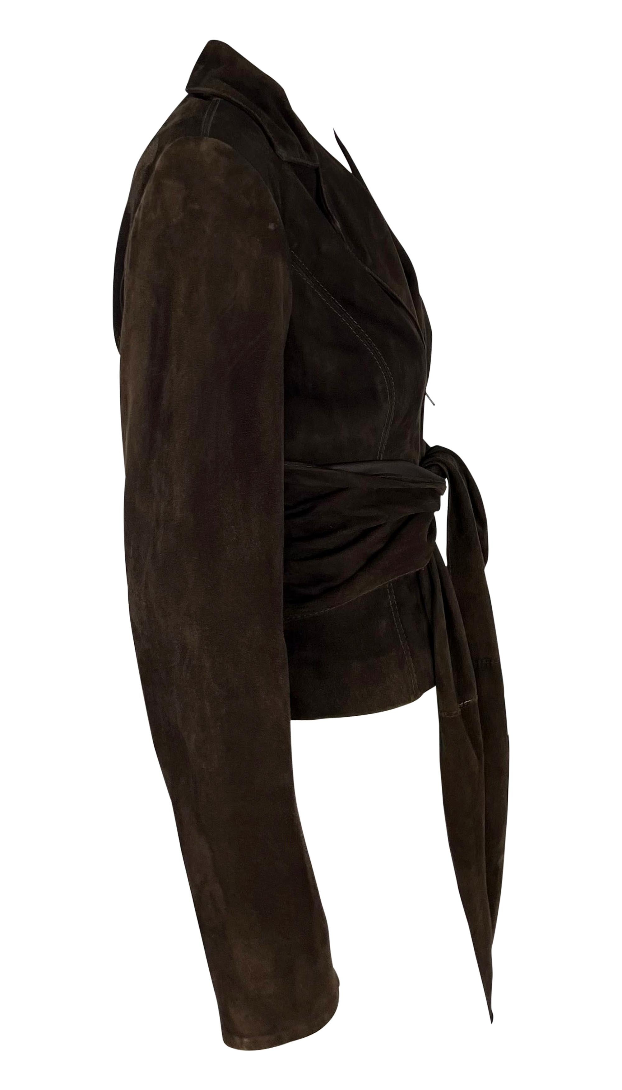 2000s Valentino Garavani Dark Brown Suede Tie-Front Leather Jacket For Sale 2