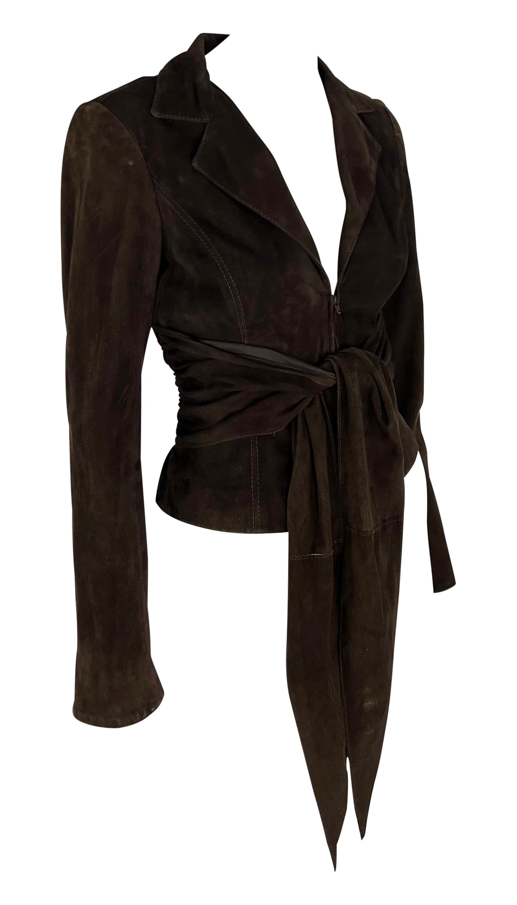2000s Valentino Garavani Dark Brown Suede Tie-Front Leather Jacket For Sale 3