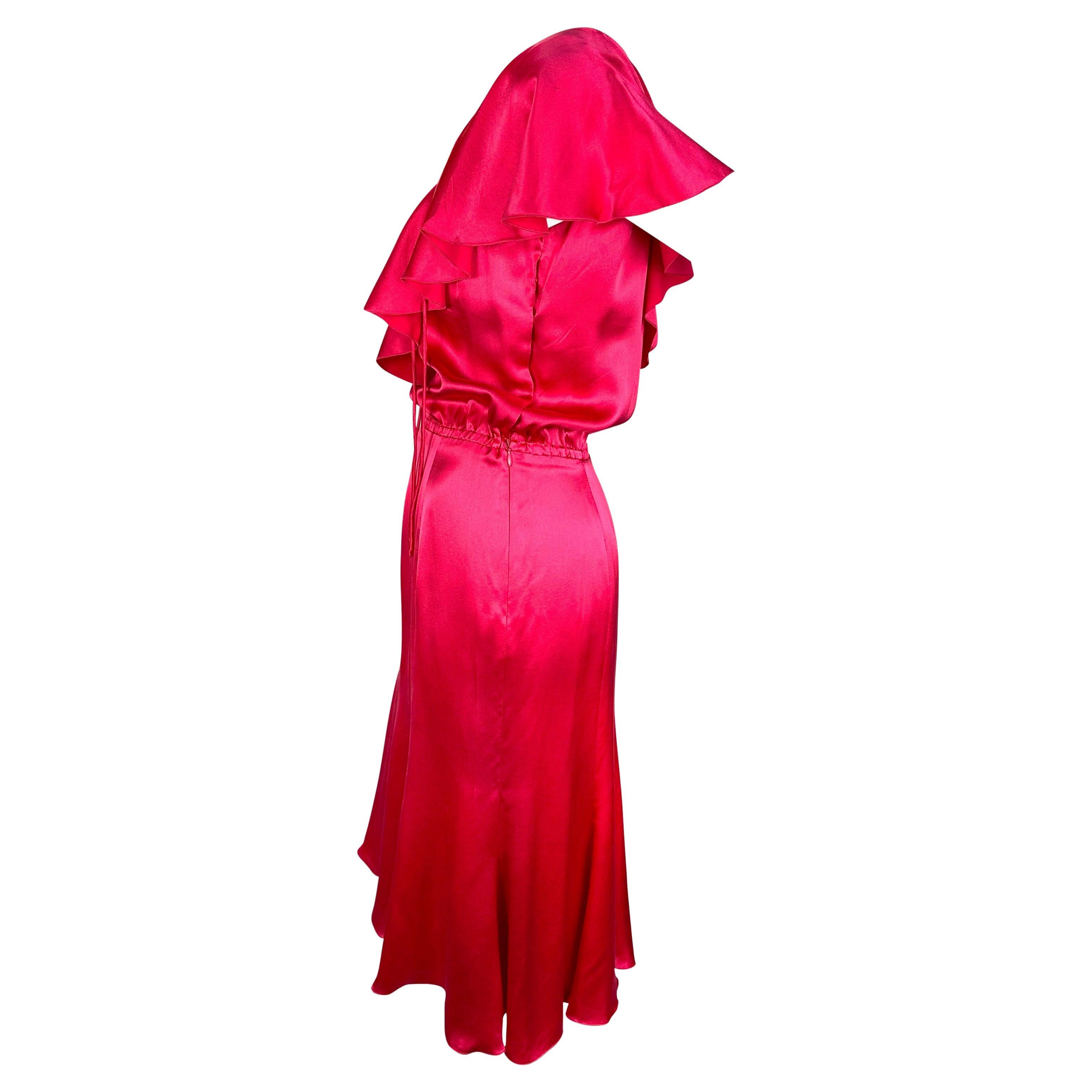 Women's Resort 2004 Valentino Garavani Runway Hot Pink Satin Ruffle Plunge Tie Dress For Sale