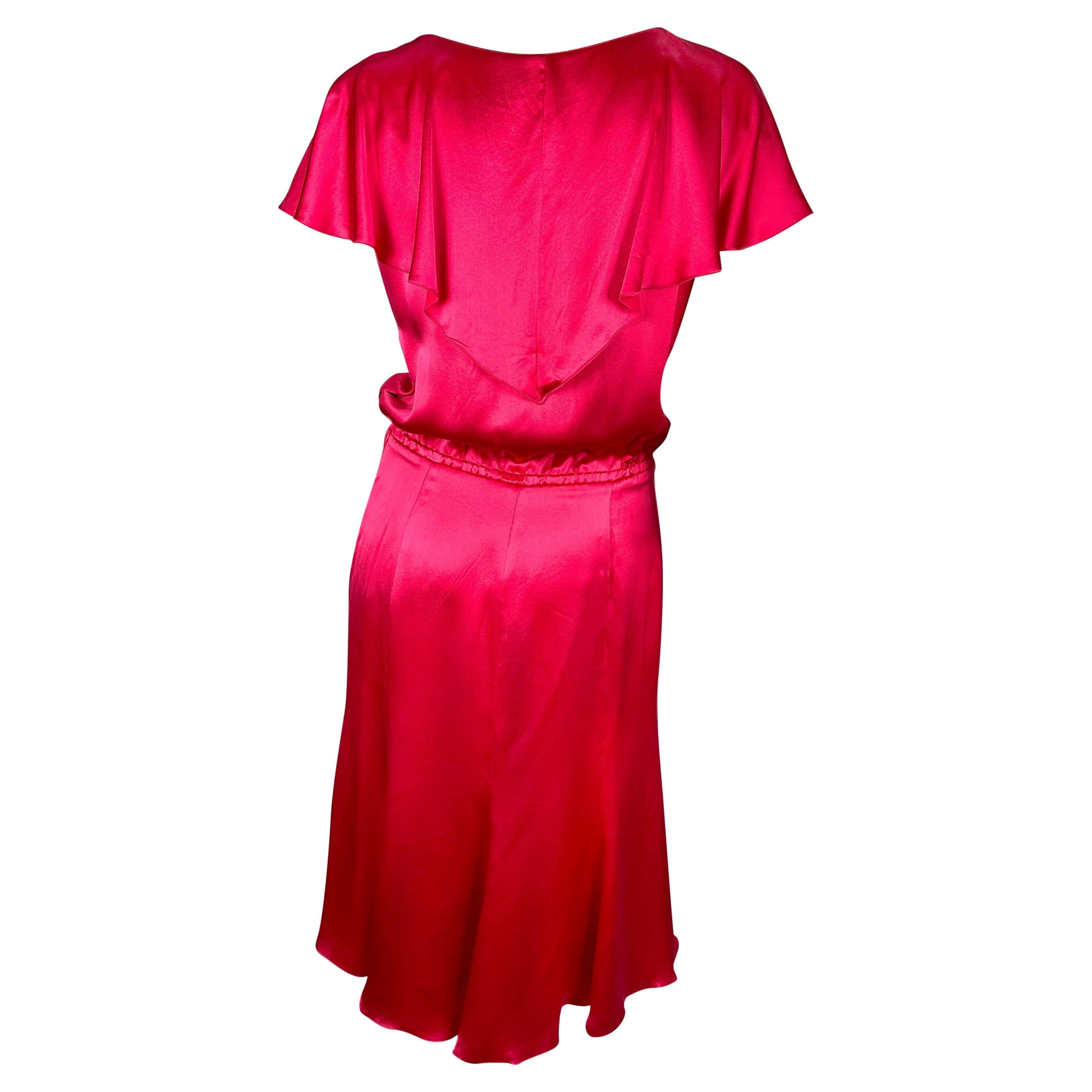Resort 2004 Valentino Garavani Runway Hot Pink Satin Ruffle Plunge Tie Dress For Sale 1