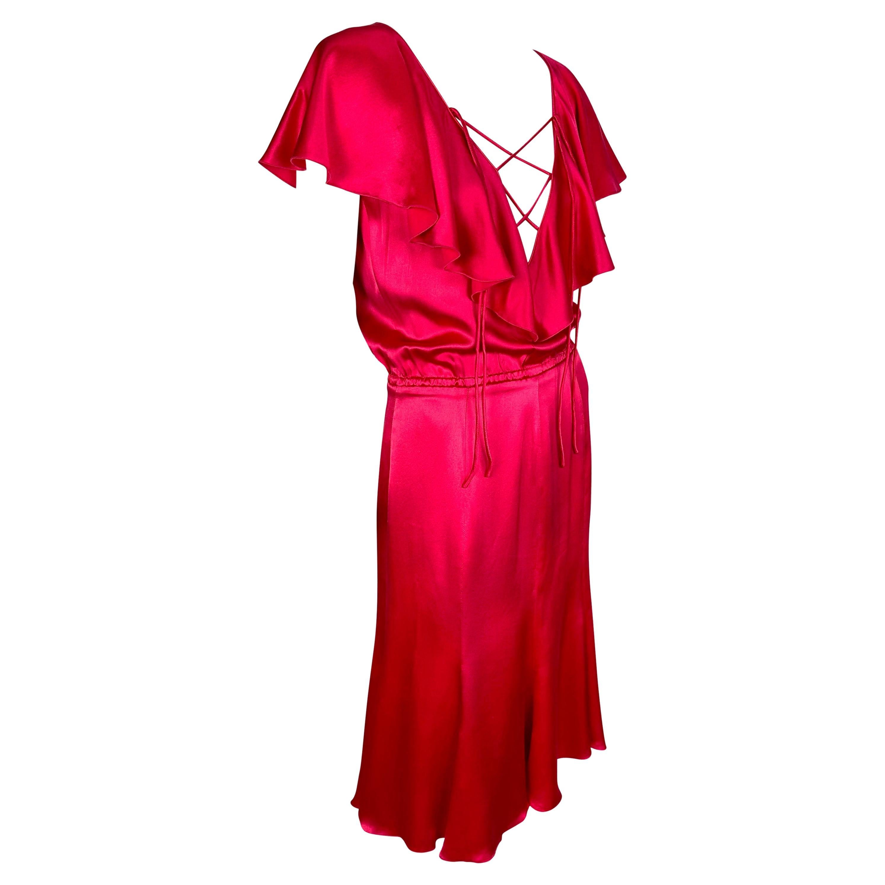 Resort 2004 Valentino Garavani Runway Hot Pink Satin Ruffle Plunge Tie Dress For Sale 2