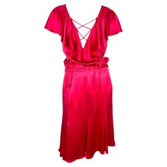 2000s Valentino Garavani Hot Pink Silk Satin Ruffle Plunge Tie-Front Flare Dress
