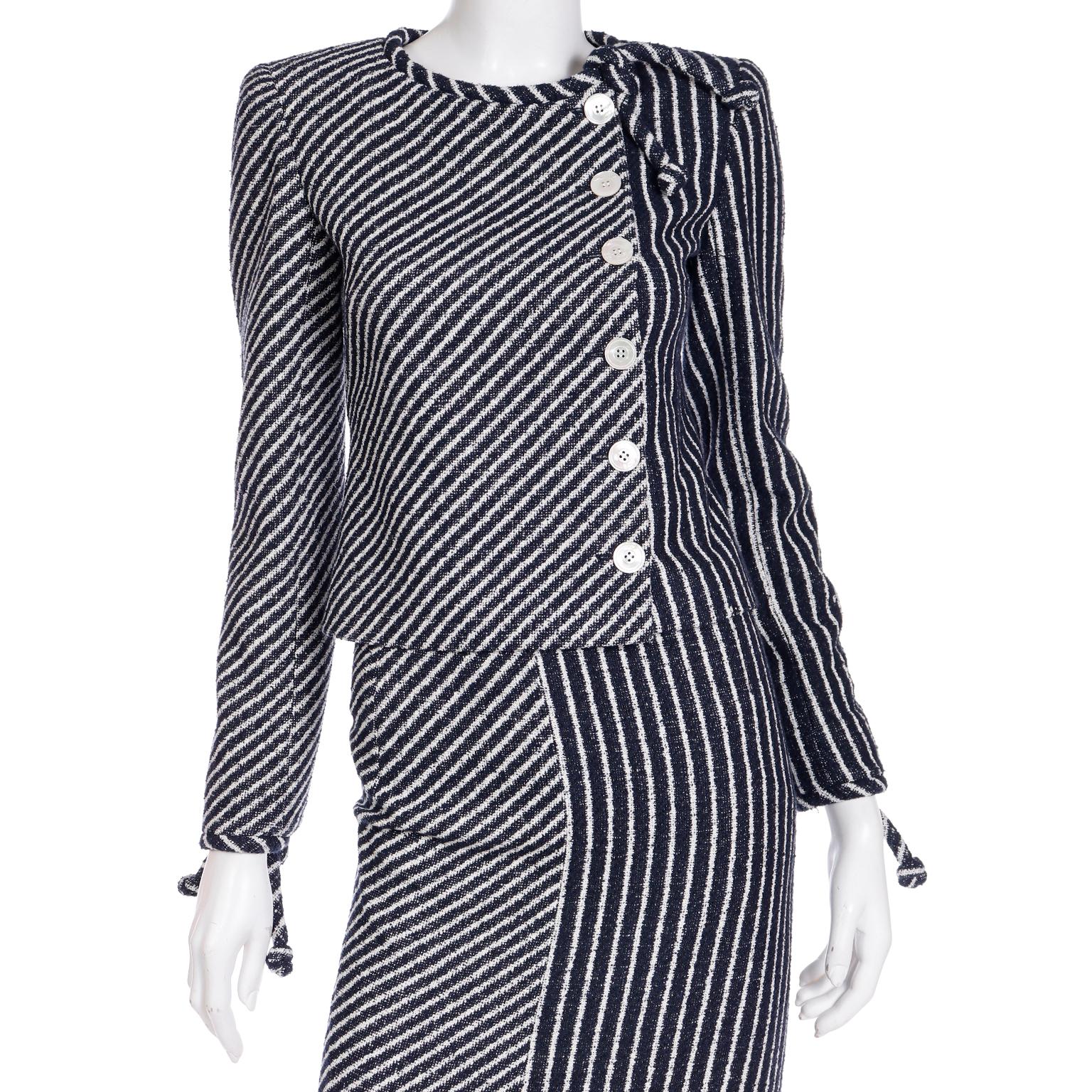 2000s Valentino Garavani Navy Blue & White Striped Jacket & Skirt Suit W/ Tags 3