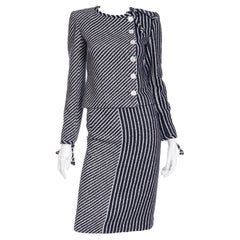2000s Valentino Garavani Navy Blue & White Striped Jacket & Skirt Suit W/ Tags