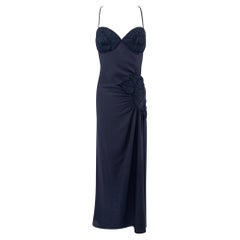 2000s Valentino Garavani Navy Silk Floral Pleat Beaded Backless Gown