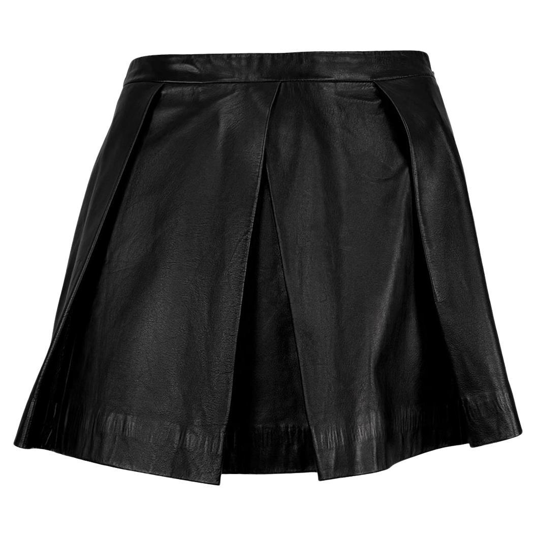 2000s Valentino Garavani Pleated Black Leather Flare Mini Skirt For Sale