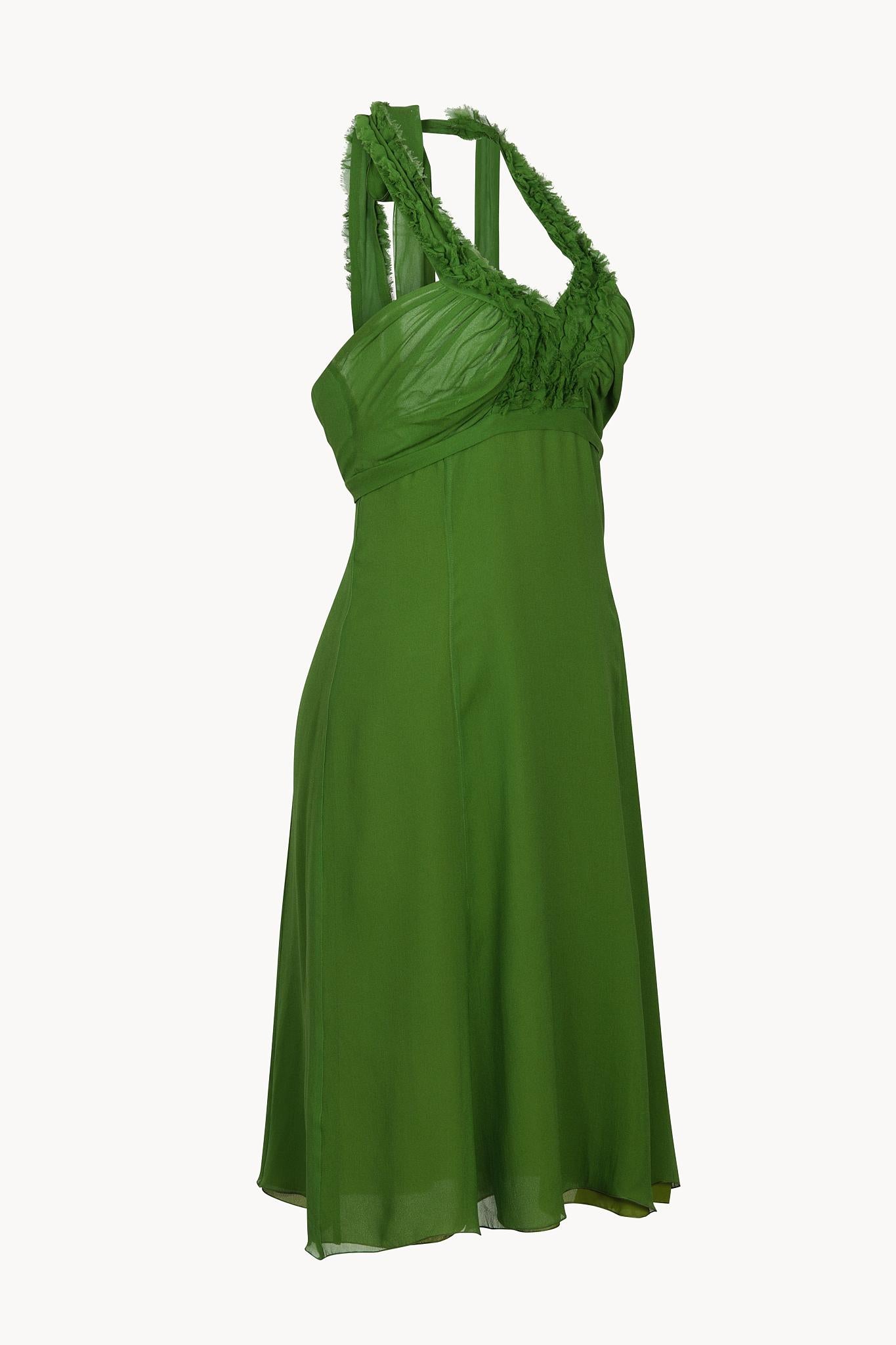 Very feminine 2000s Valentino green halter summer dress. Features a flattering halter neckline, lots of rushed breast details, and a very comfortable silk chiffon material. 