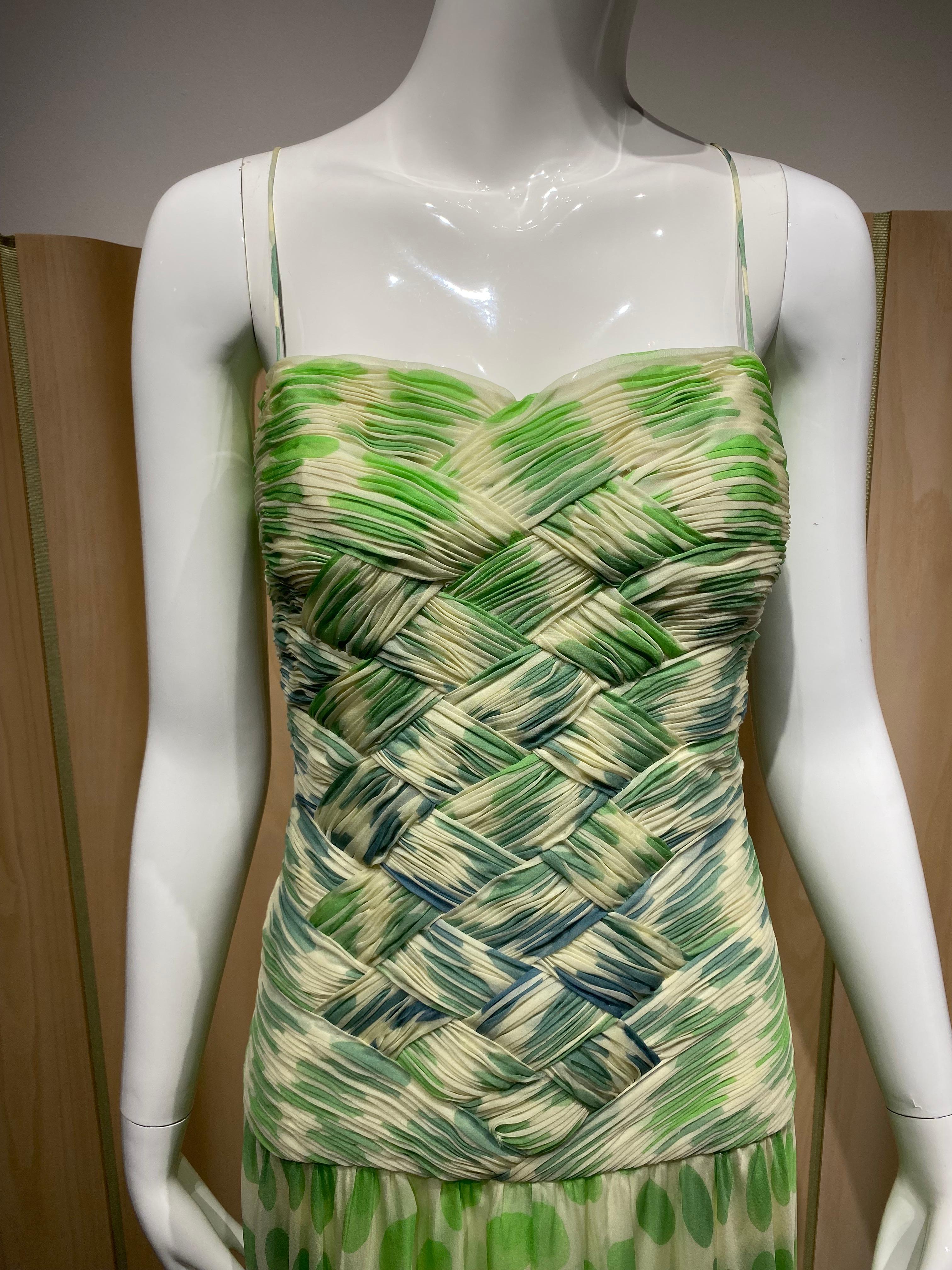 2000s Valentino Green and white polkadot spaghetti strap silk dress.
Size 8