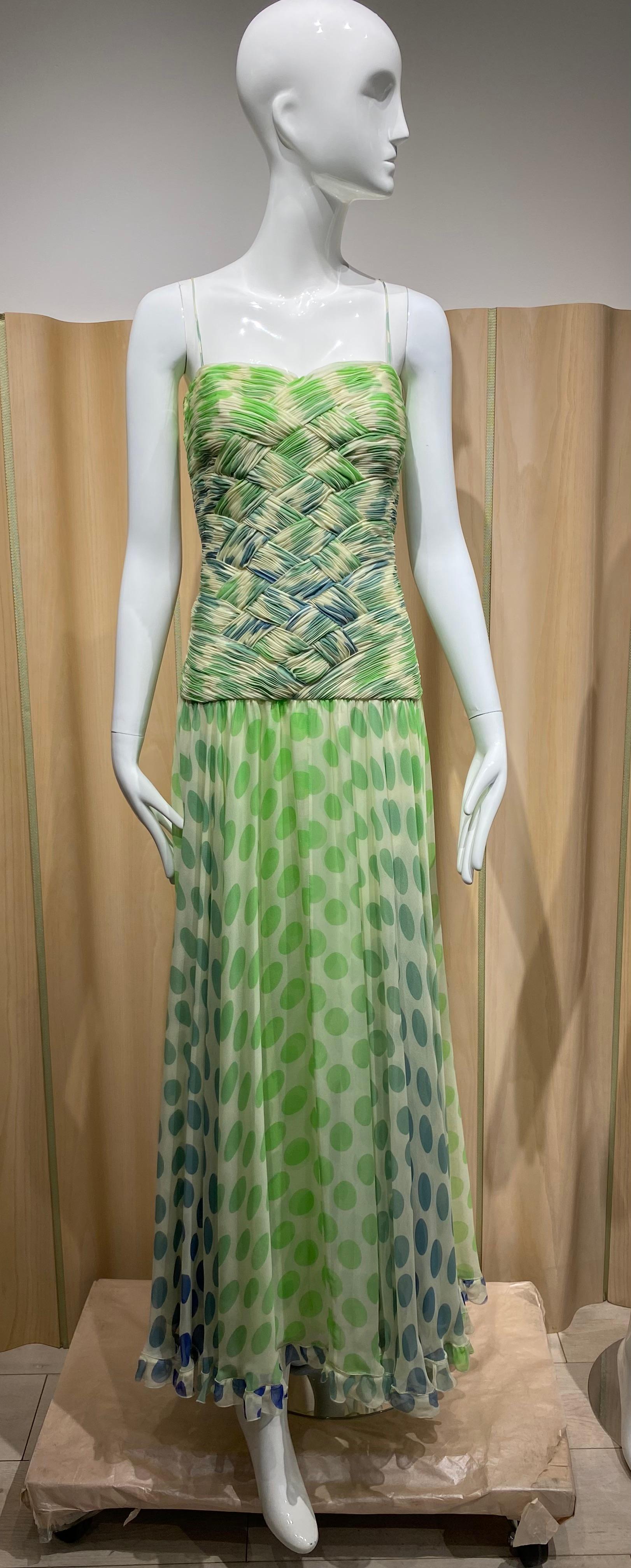 Gray 2000s Valentino Green Silk Polkadot Spaghetti Strap Gown For Sale