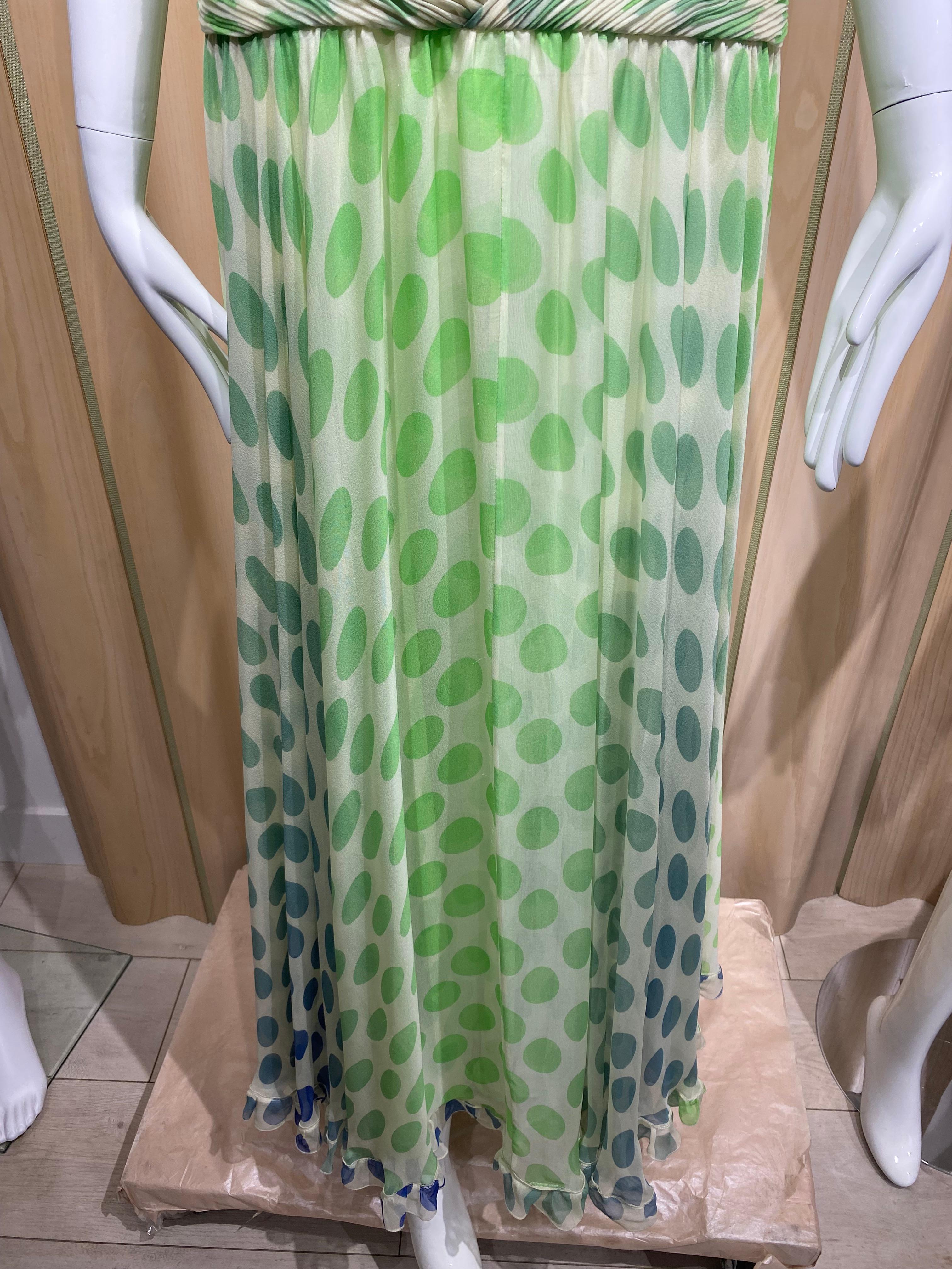 2000s Valentino Green Silk Polkadot Spaghetti Strap Gown For Sale 1