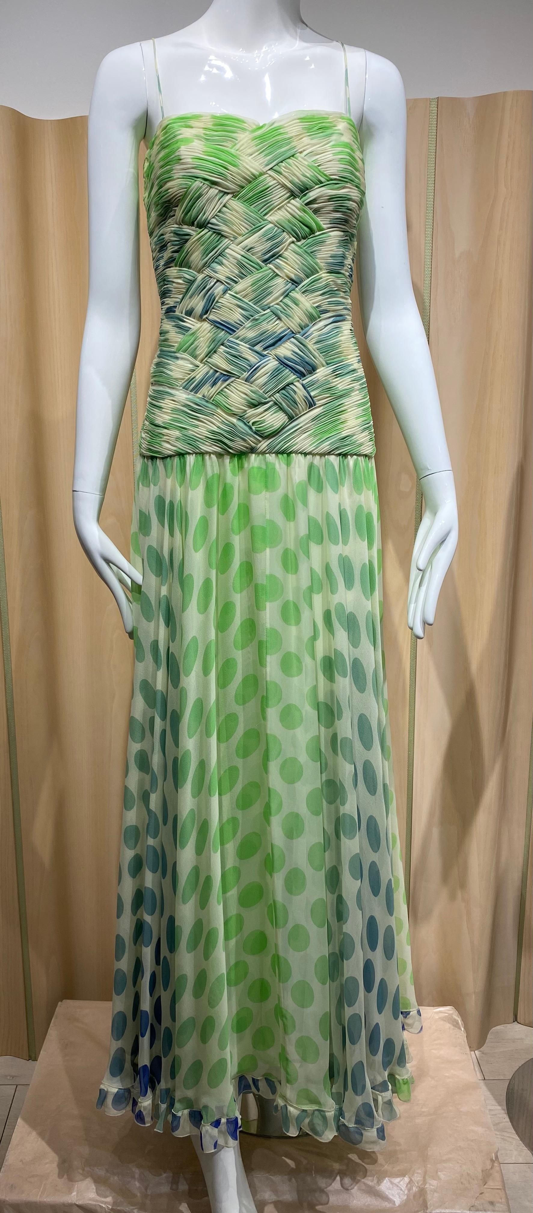 2000s Valentino Green Silk Polkadot Spaghetti Strap Gown For Sale 3