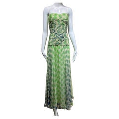 2000s Valentino Green Silk Polkadot Spaghetti Strap Gown
