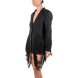 2000S Vera Wang Schwarze Wolljacke mit Kordelfransen