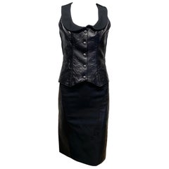 2000s Versace Black Leather Vest Top and Skirt Set