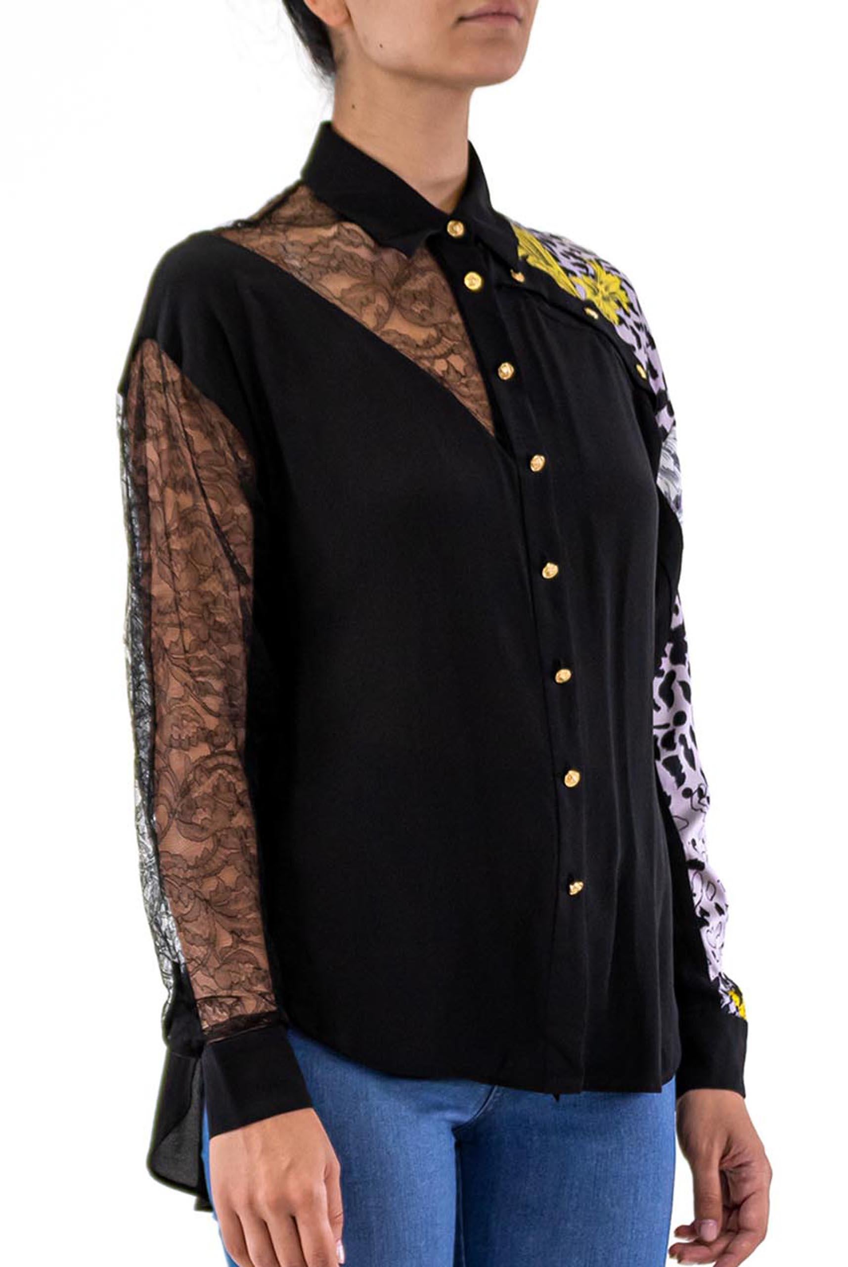 2000S VERSACE Black Silk Leopard Print Blouse With Lace Cutouts & Gold Medusa B In Excellent Condition For Sale In New York, NY