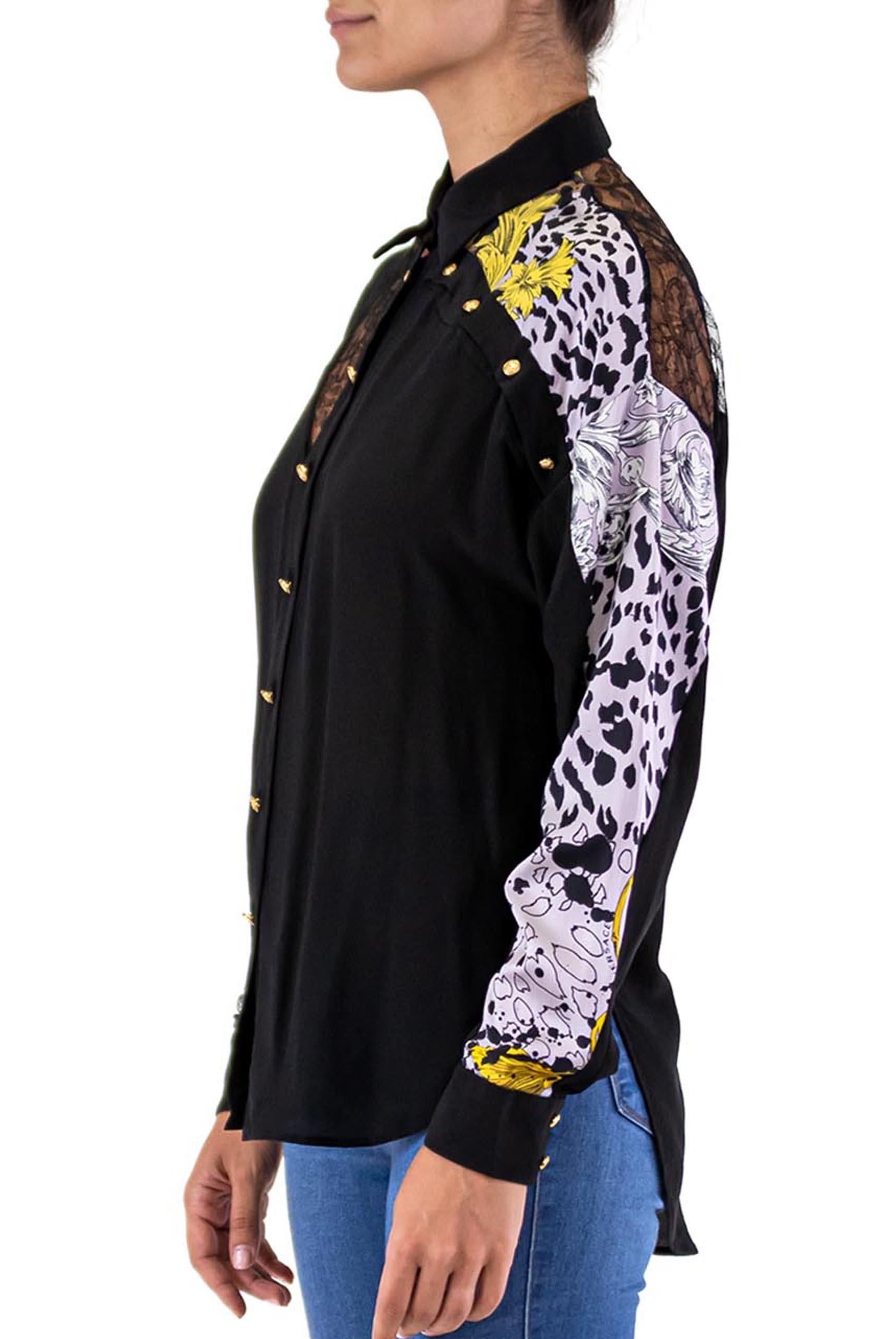 Men's 2000S VERSACE Black Silk Leopard Print Blouse With Lace Cutouts & Gold Medusa B For Sale