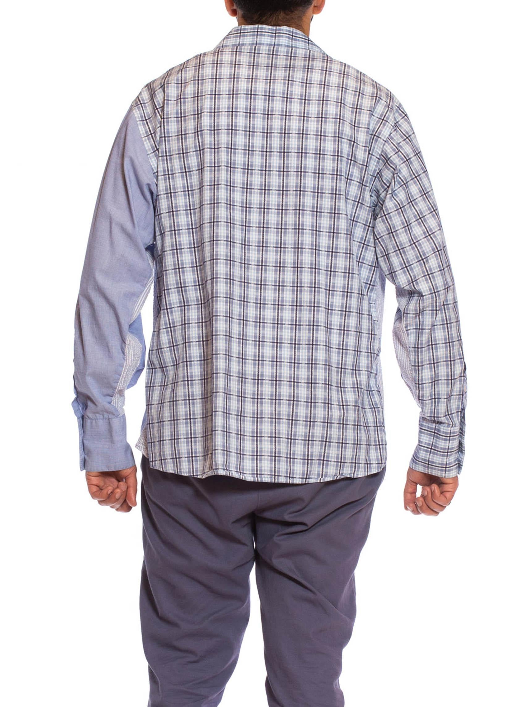 2000S VERSACE Blue & White Cotton Plaid Striped Patchwork Men's Shirt 7