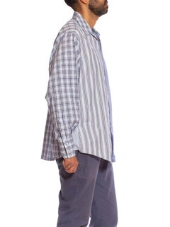 2000S VERSACE Blue & White Cotton Plaid Striped Patchwork Men's Shirt