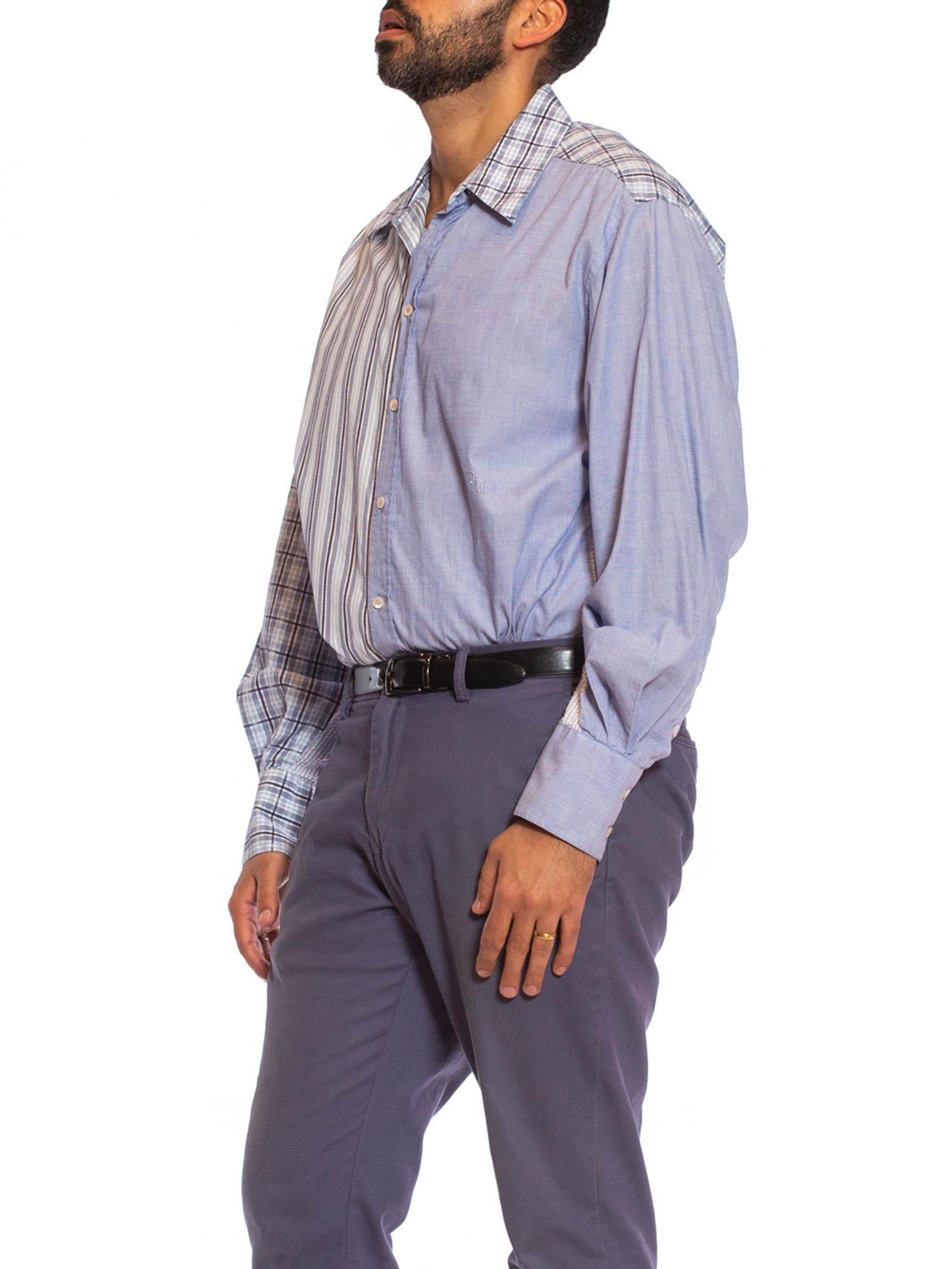 2000S VERSACE Blue & White Cotton Plaid Striped Patchwork Men's Shirt 6