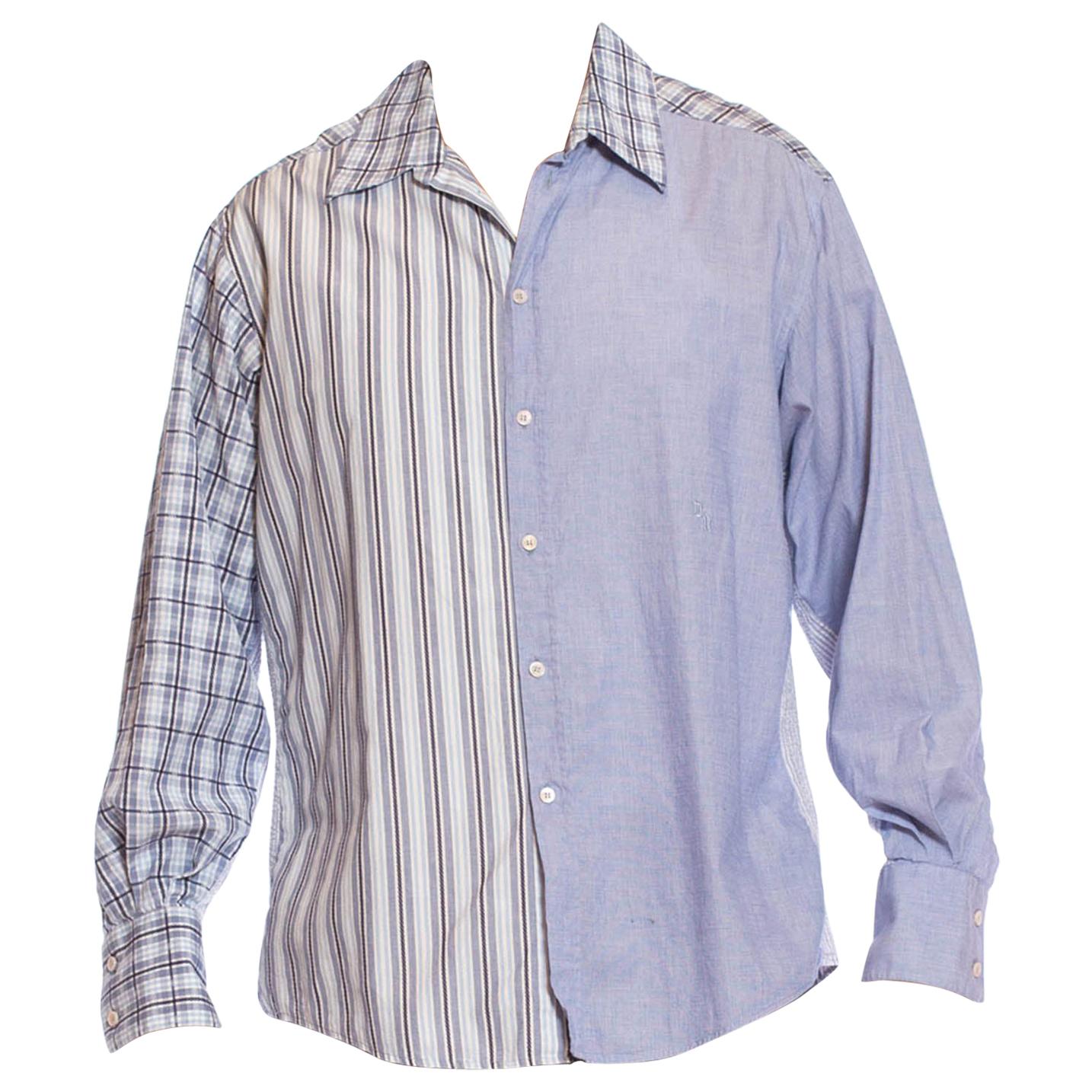 2000S VERSACE Blue & White Cotton Plaid Striped Patchwork Men's Shirt
