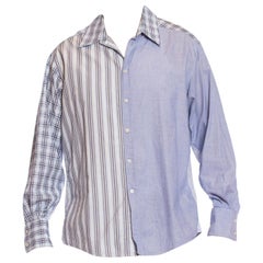 2000S VERSACE Blue & White Cotton Plaid Striped Patchwork Men's Shirt