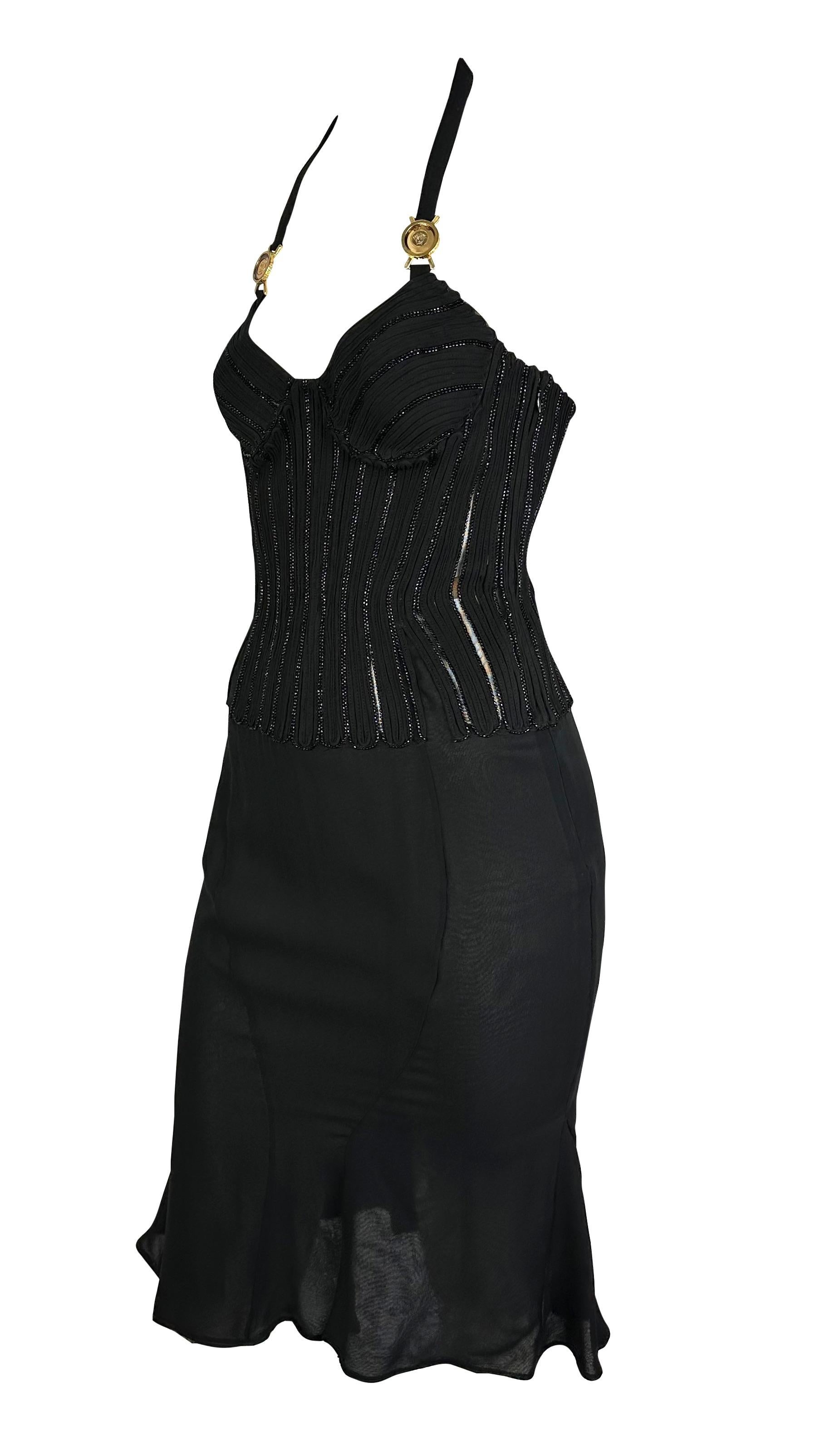 2000s Versace by Donatella Beaded Corset Cinched Medusa Logo Black Mini Dress In Excellent Condition For Sale In West Hollywood, CA