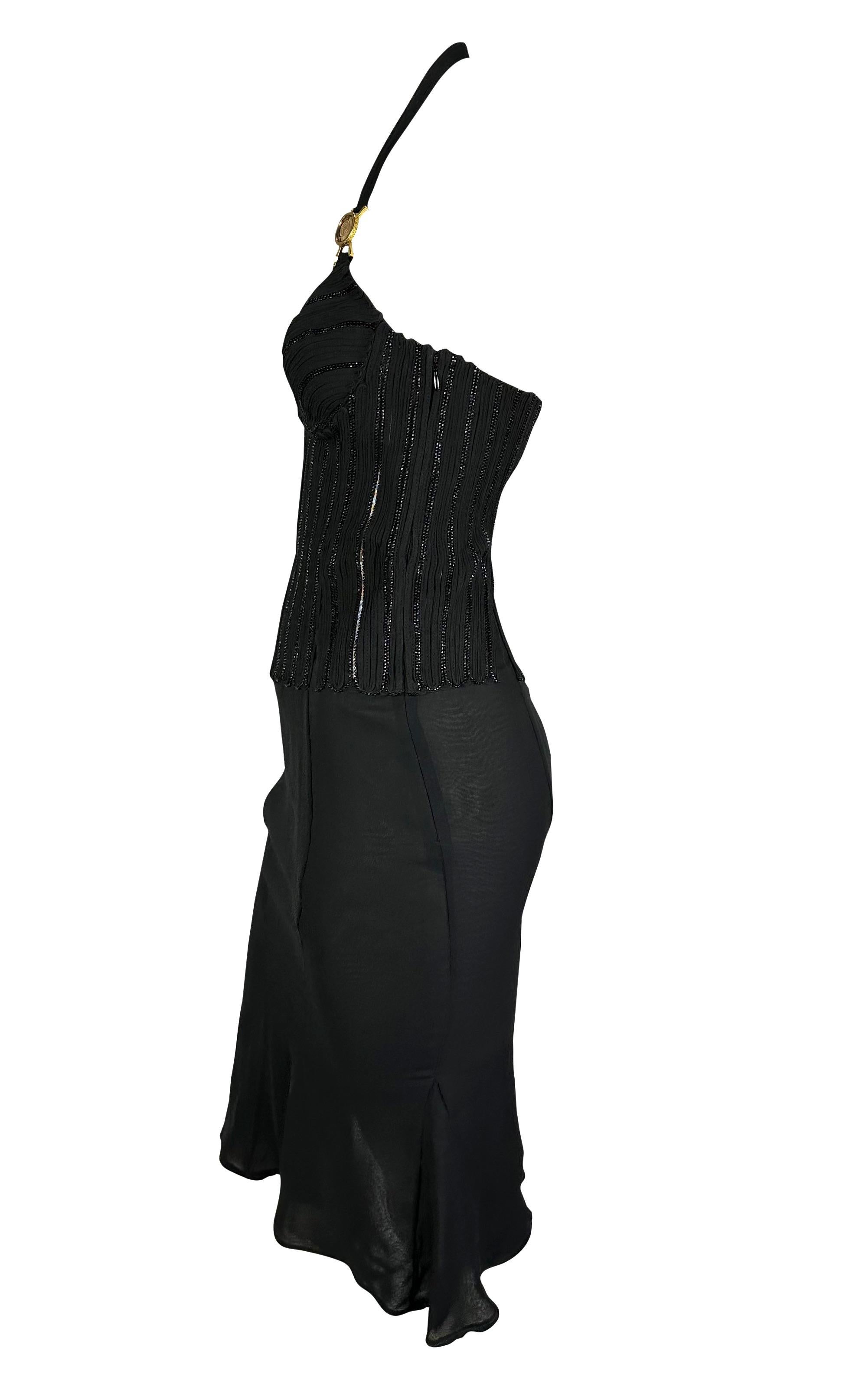 Women's 2000s Versace by Donatella Beaded Corset Cinched Medusa Logo Black Mini Dress For Sale