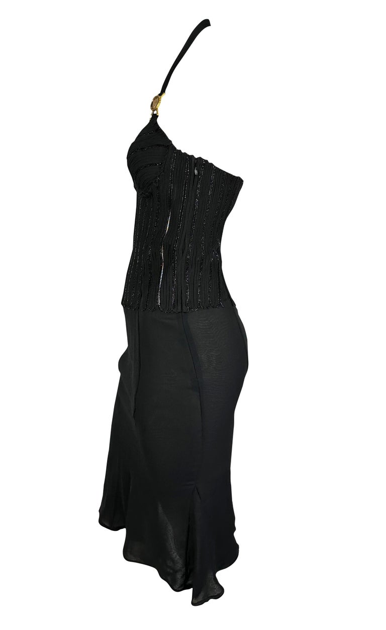 2000s Versace by Donatella Beaded Corset Cinched Medusa Logo Black Mini Dress For Sale 3