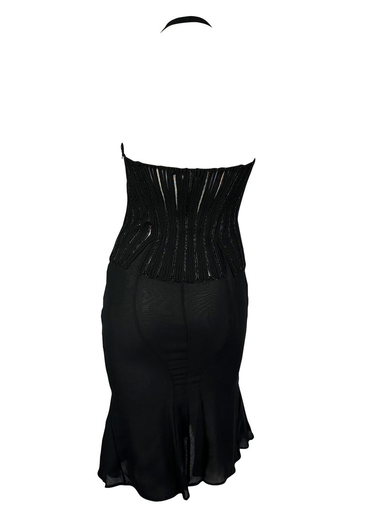 2000s Versace by Donatella Beaded Corset Cinched Medusa Logo Black Mini Dress For Sale 4