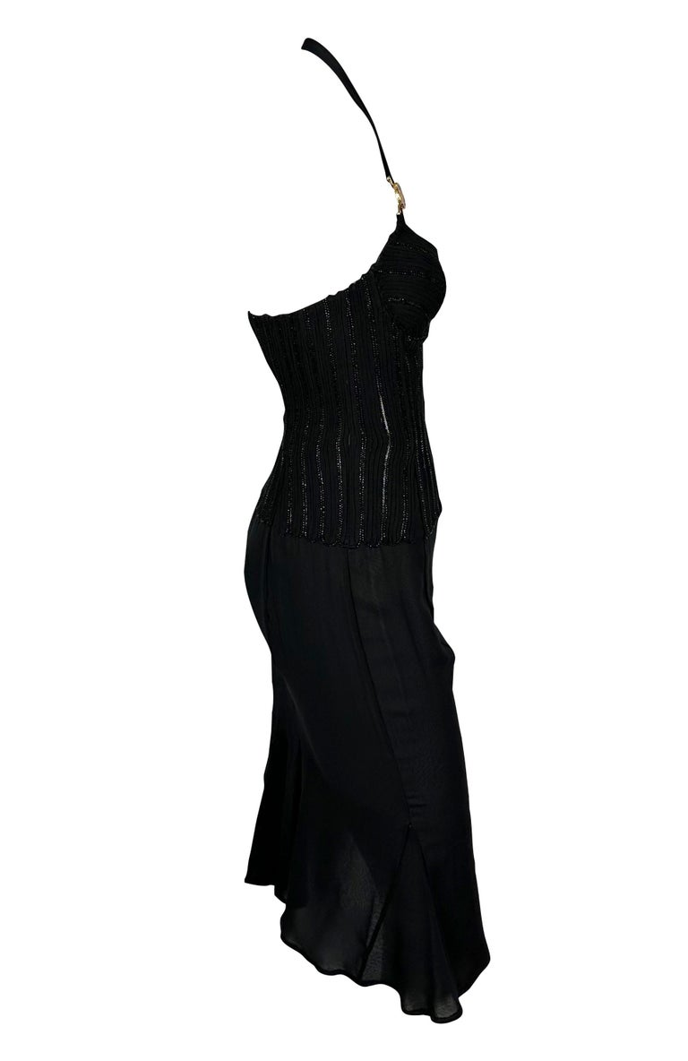2000s Versace by Donatella Beaded Corset Cinched Medusa Logo Black Mini Dress For Sale 5