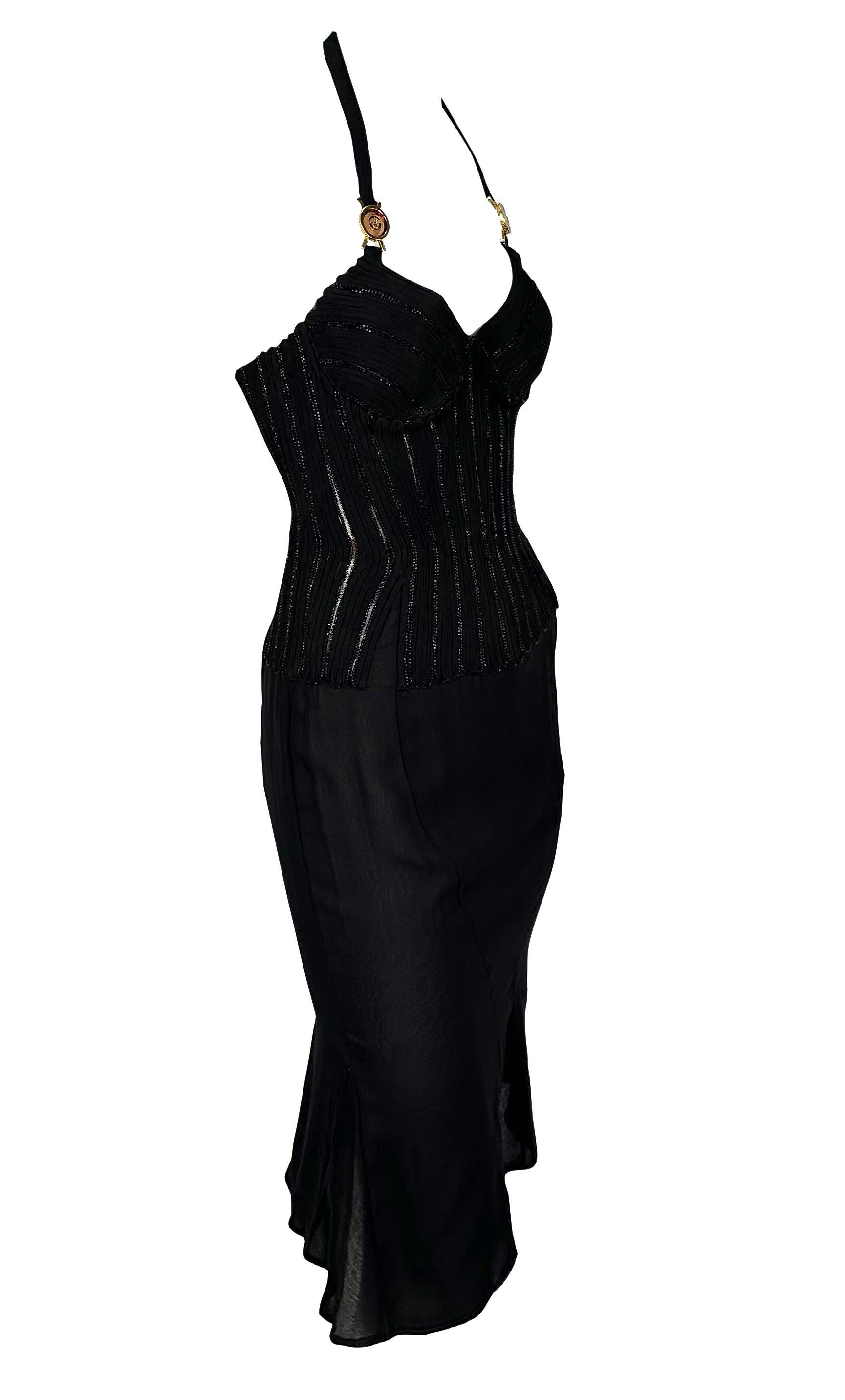 2000s Versace by Donatella Beaded Corset Cinched Medusa Logo Black Mini Dress For Sale 3