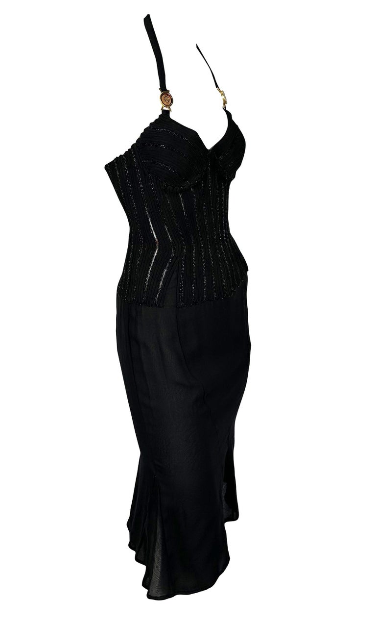2000s Versace by Donatella Beaded Corset Cinched Medusa Logo Black Mini Dress For Sale 6