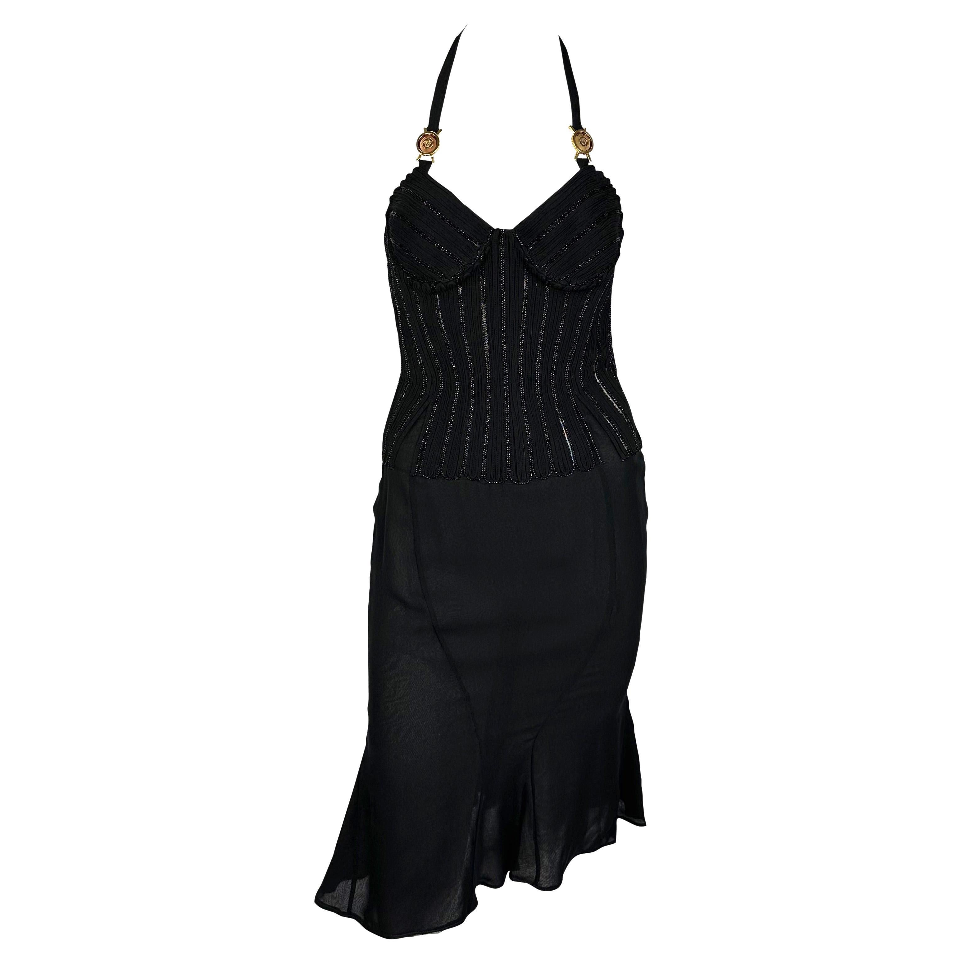 2000s Versace by Donatella Beaded Corset Cinched Medusa Logo Black Mini Dress