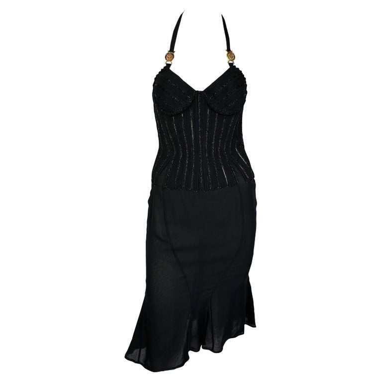 2000s Versace by Donatella Beaded Corset Cinched Medusa Logo Black Mini Dress For Sale