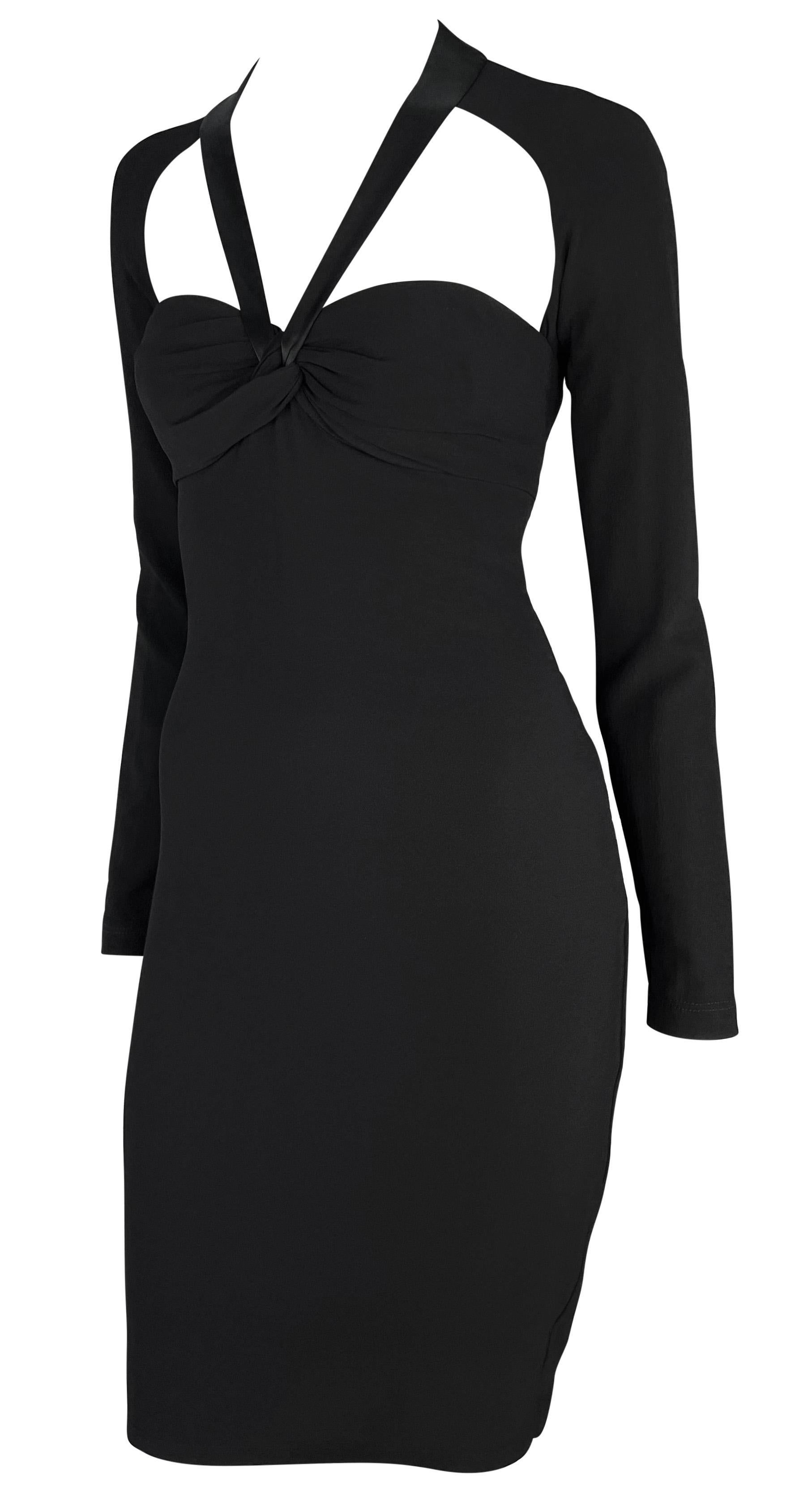 2000s Versace by Donatella Black Ribbon Halter Neck Medusa Cutout Dress For Sale 1