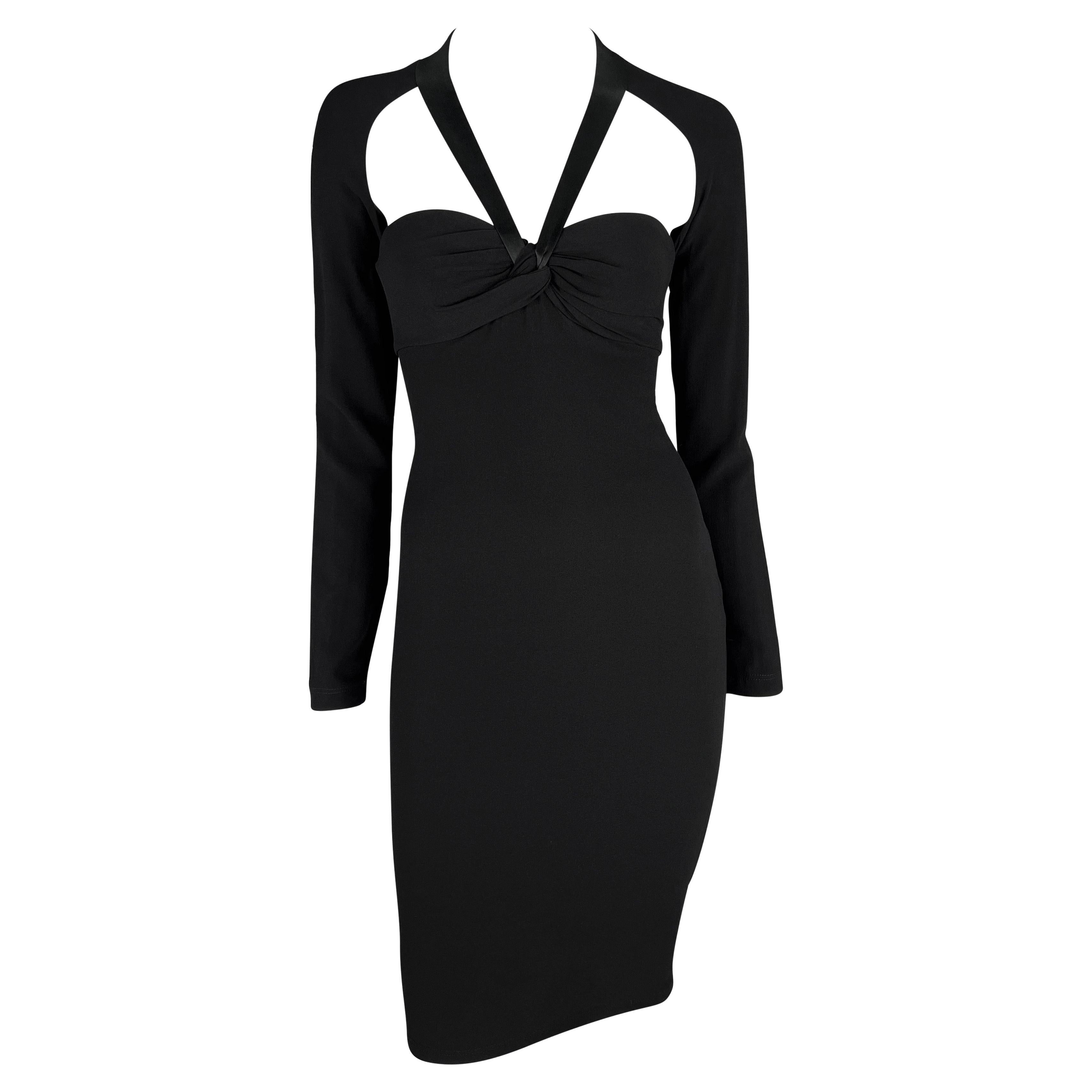 2000s Versace by Donatella Black Ribbon Halter Neck Medusa Cutout Dress For Sale