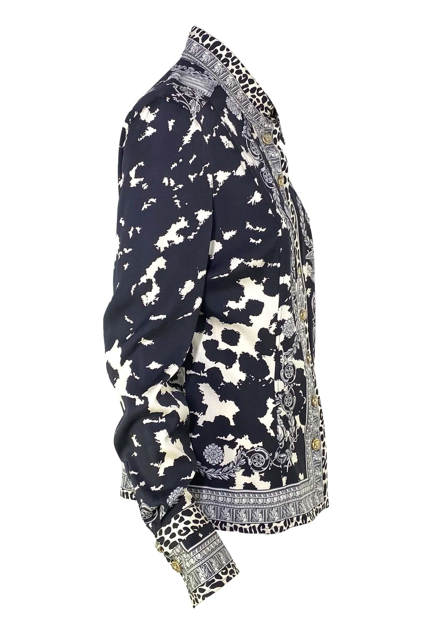 Nero 2000s Versace by Donatella Black White Medusa Leopard Baroque Snap Button Down