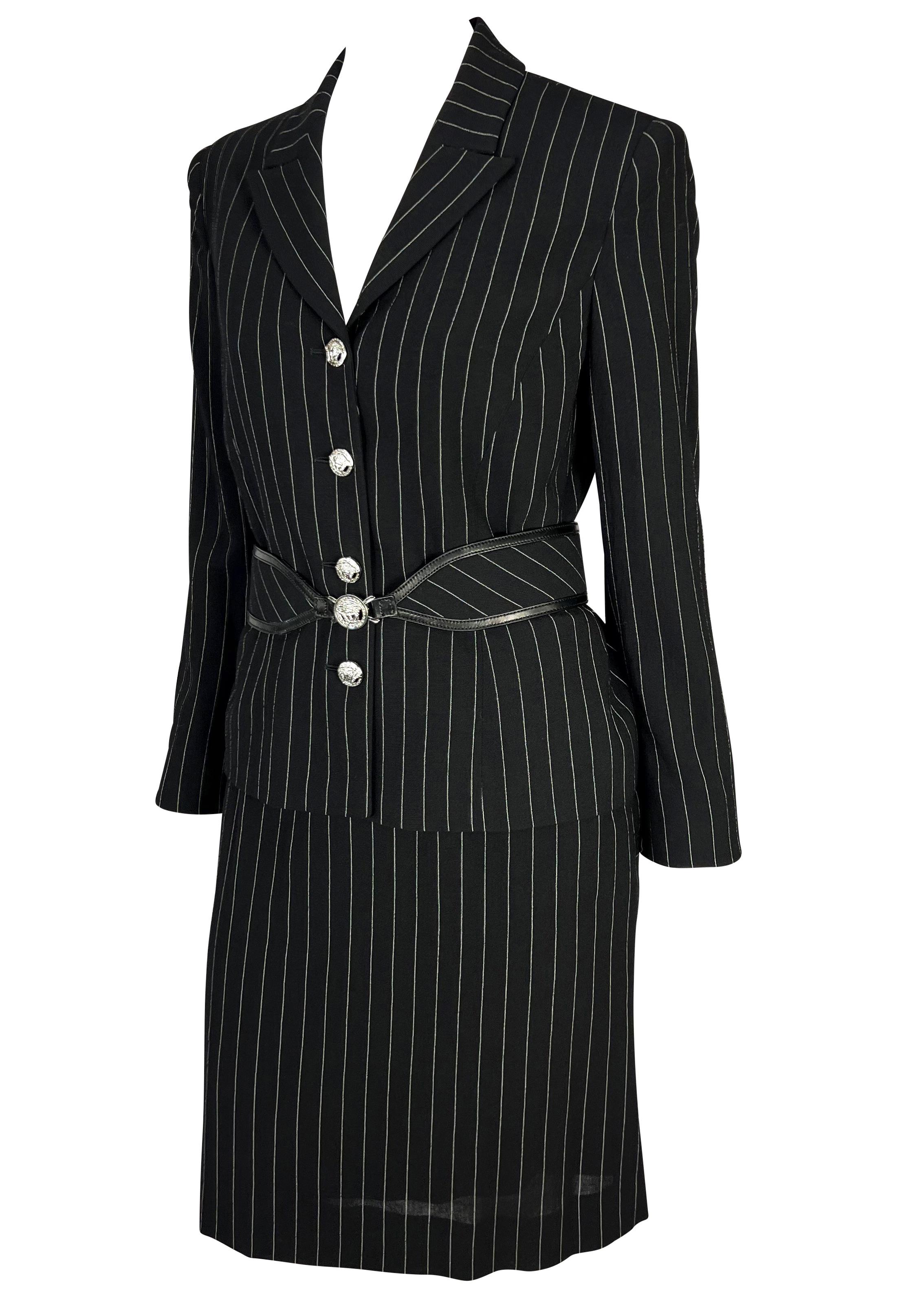 F/W 2004 Versace by Donatella Black Wool Blend Pinstripe Medusa Belted Suit In Good Condition For Sale In West Hollywood, CA