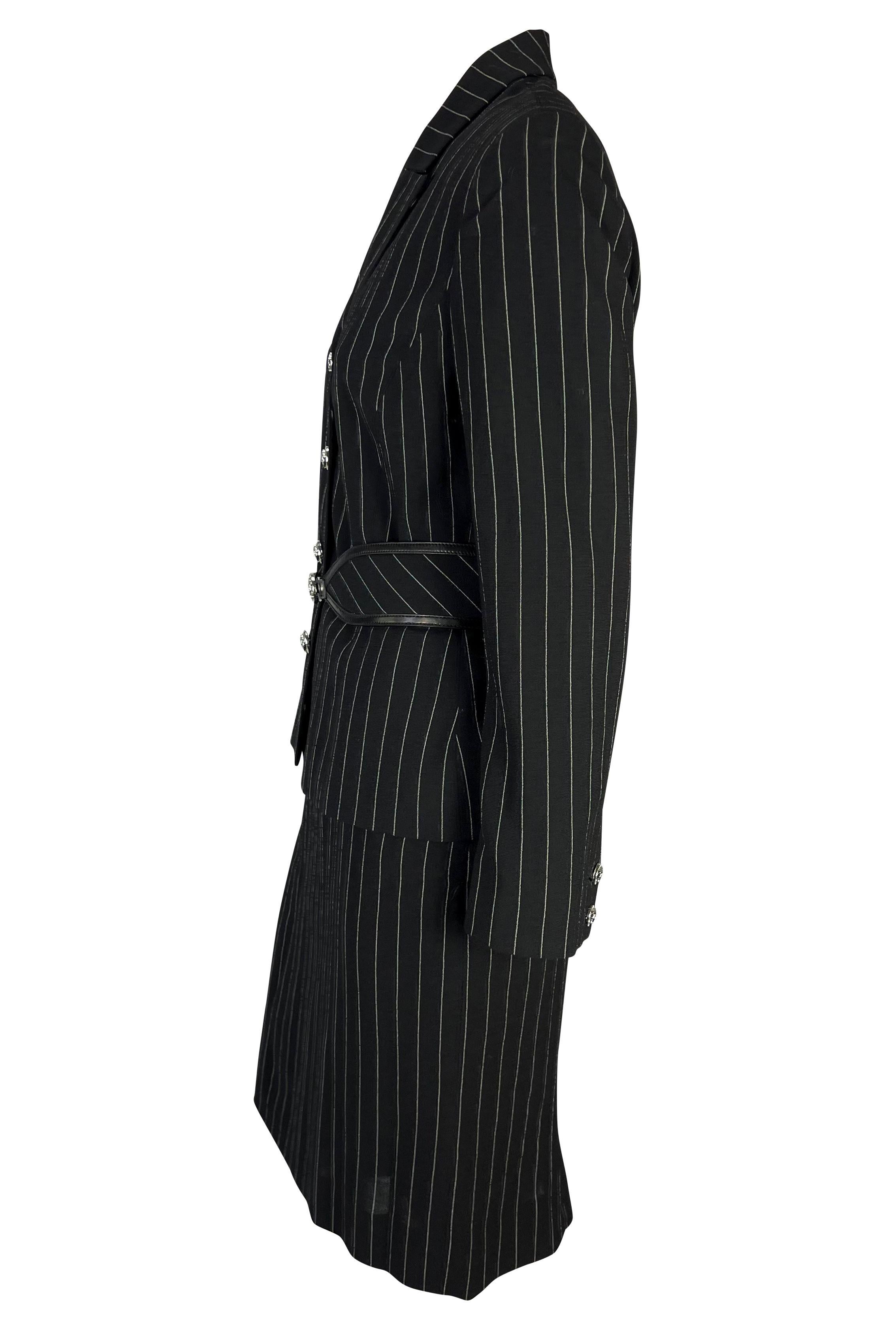Women's F/W 2004 Versace by Donatella Black Wool Blend Pinstripe Medusa Belted Suit For Sale