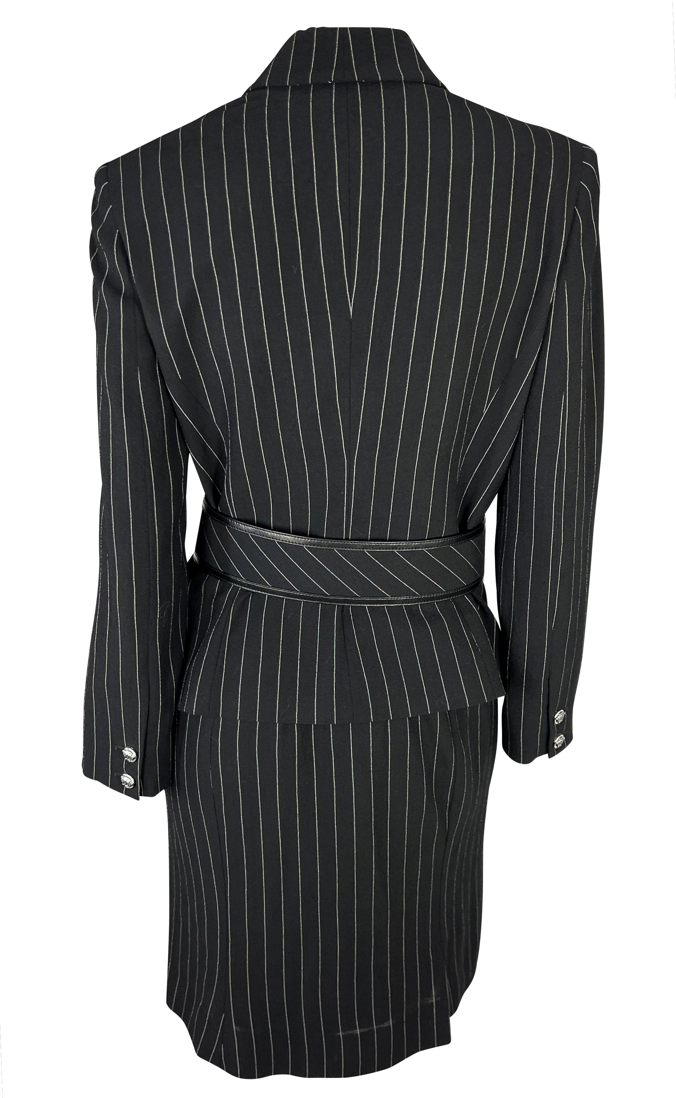 F/W 2004 Versace by Donatella Black Wool Blend Pinstripe Medusa Belted Suit For Sale 1