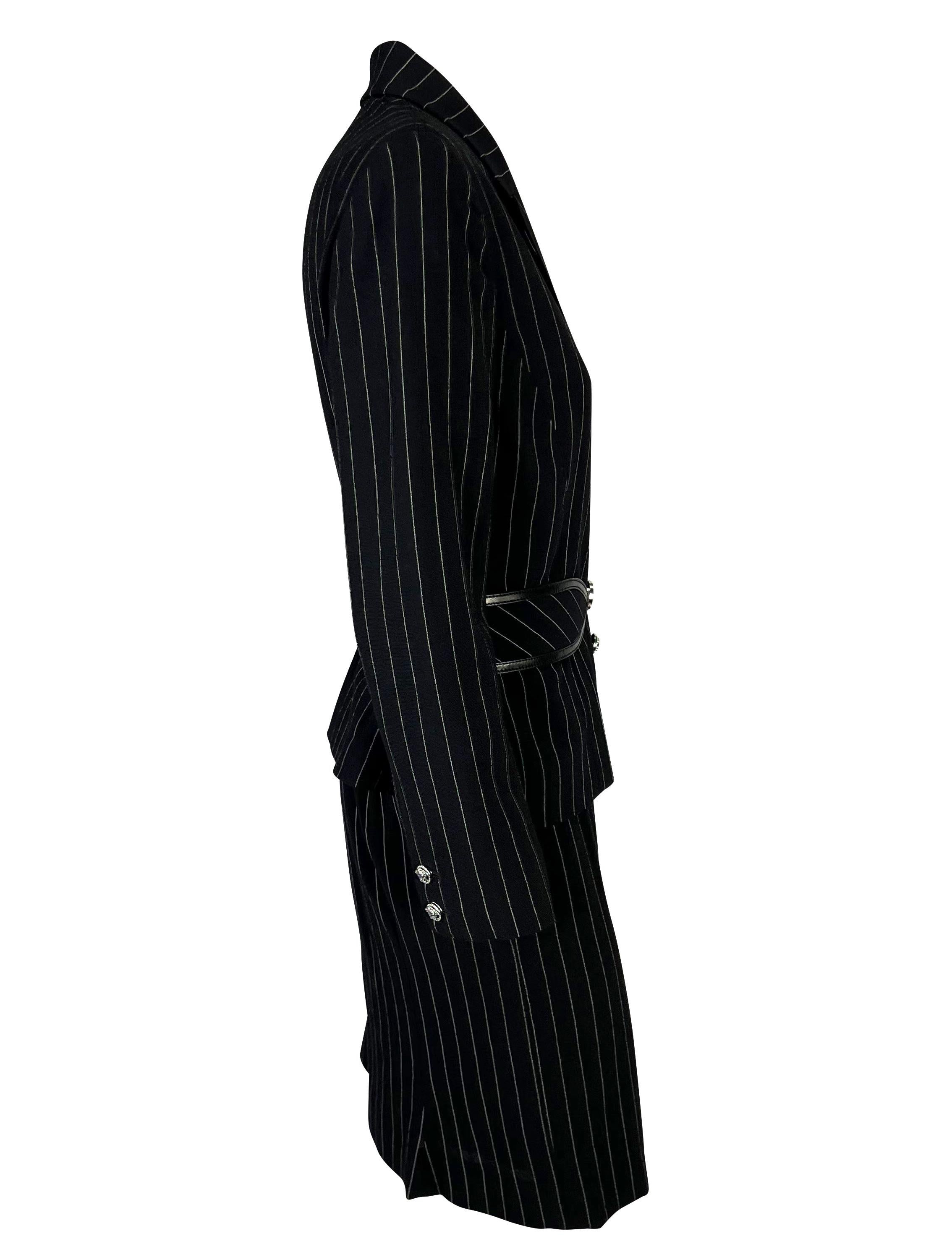 F/W 2004 Versace by Donatella Black Wool Blend Pinstripe Medusa Belted Suit For Sale 2