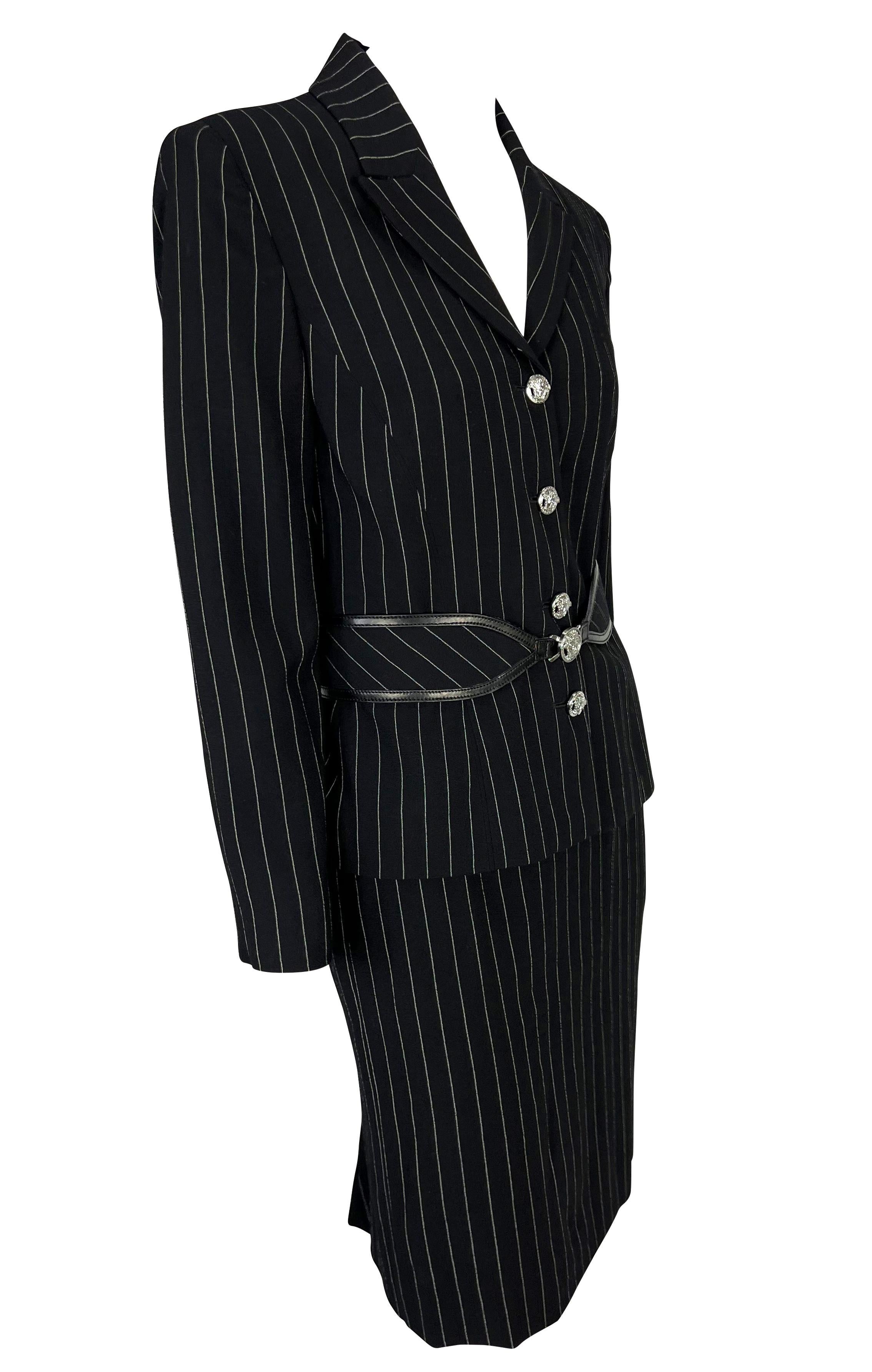 F/W 2004 Versace by Donatella Black Wool Blend Pinstripe Medusa Belted Suit For Sale 3