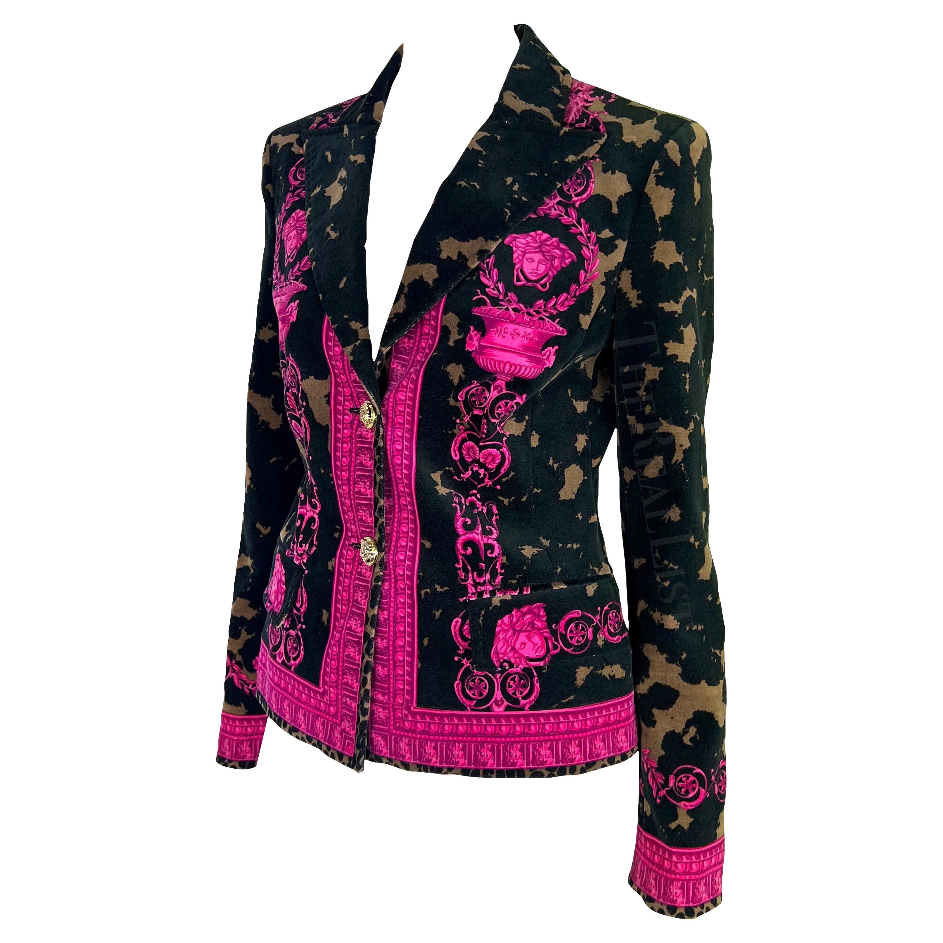 2000s Versace by Donatella Brown Pink Velvet Baroque Medusa Blazer Jacket In Excellent Condition For Sale In West Hollywood, CA