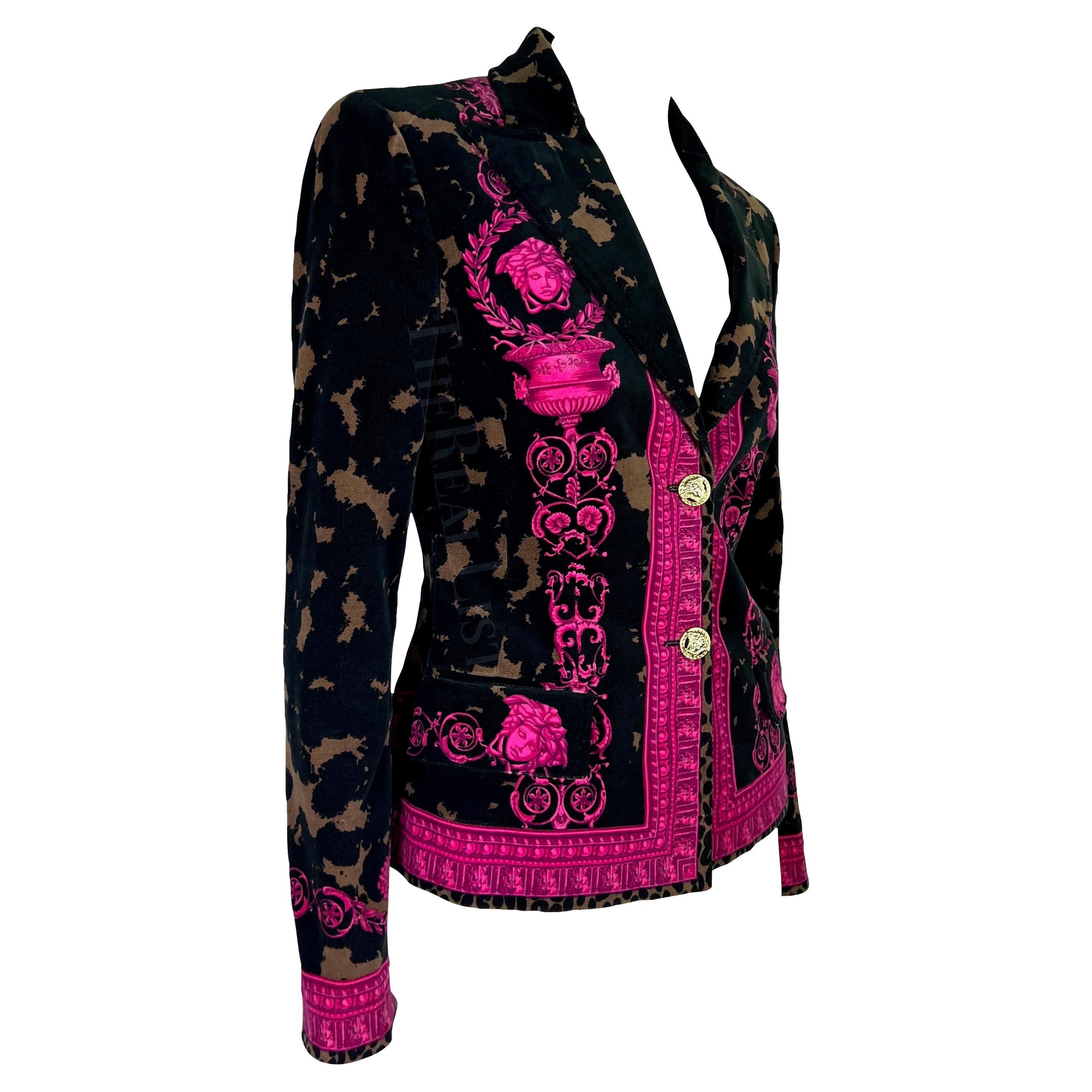 2000s Versace by Donatella Brown Pink Velvet Baroque Medusa Blazer Jacket For Sale 3