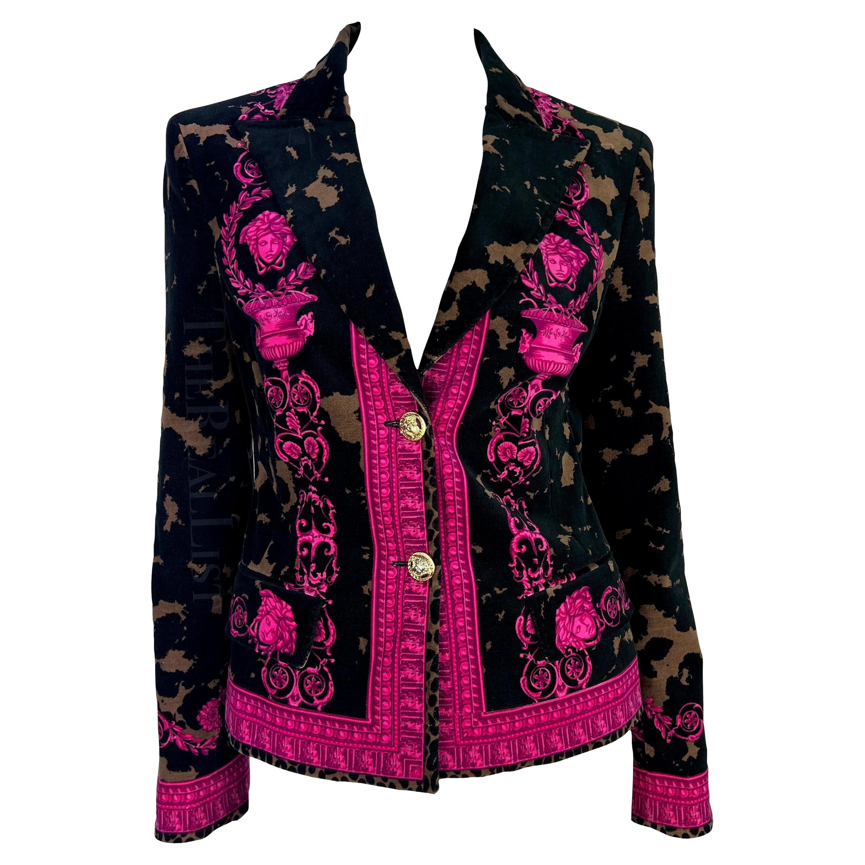 2000s Versace by Donatella Brown Pink Velvet Baroque Medusa Blazer Jacket For Sale