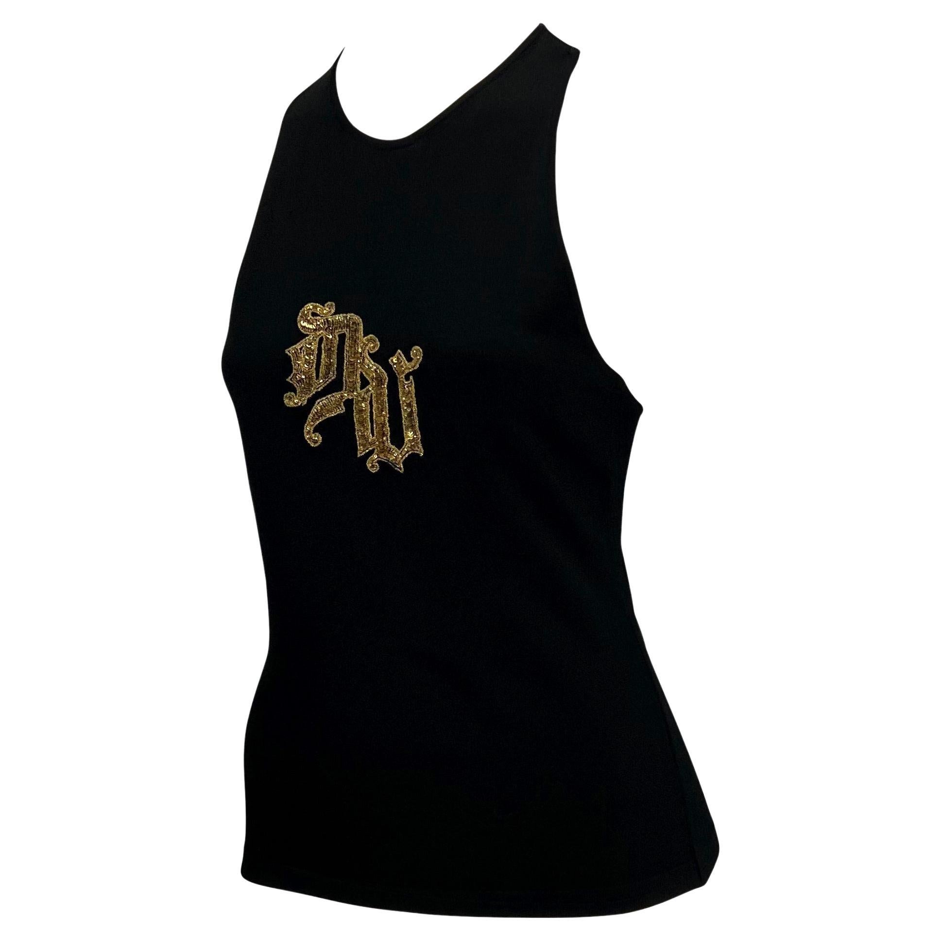 Presenting a curve-hugging racerback Versace top designed by Donatella in the early 2000s. The bust features sequin embroidery to form Donatella's DV monogram logo. This piece is a fabulous representation of Donatella's ability to honor her
