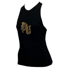 2000s Versace by Donatella Gold Sequin DV Logo Black Stretch Racerback Top Y2K